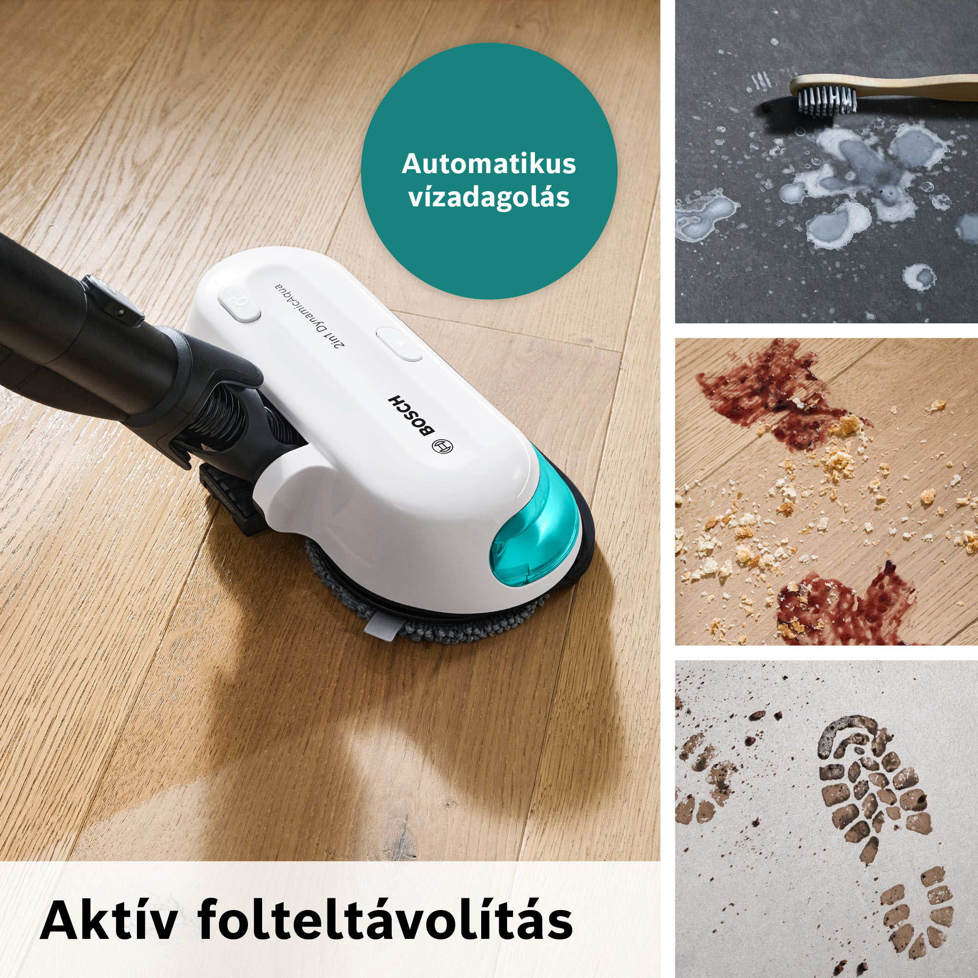Fehér-türkiz padlótisztító fa padlóval, és tisztítási példák különböző felületeken.