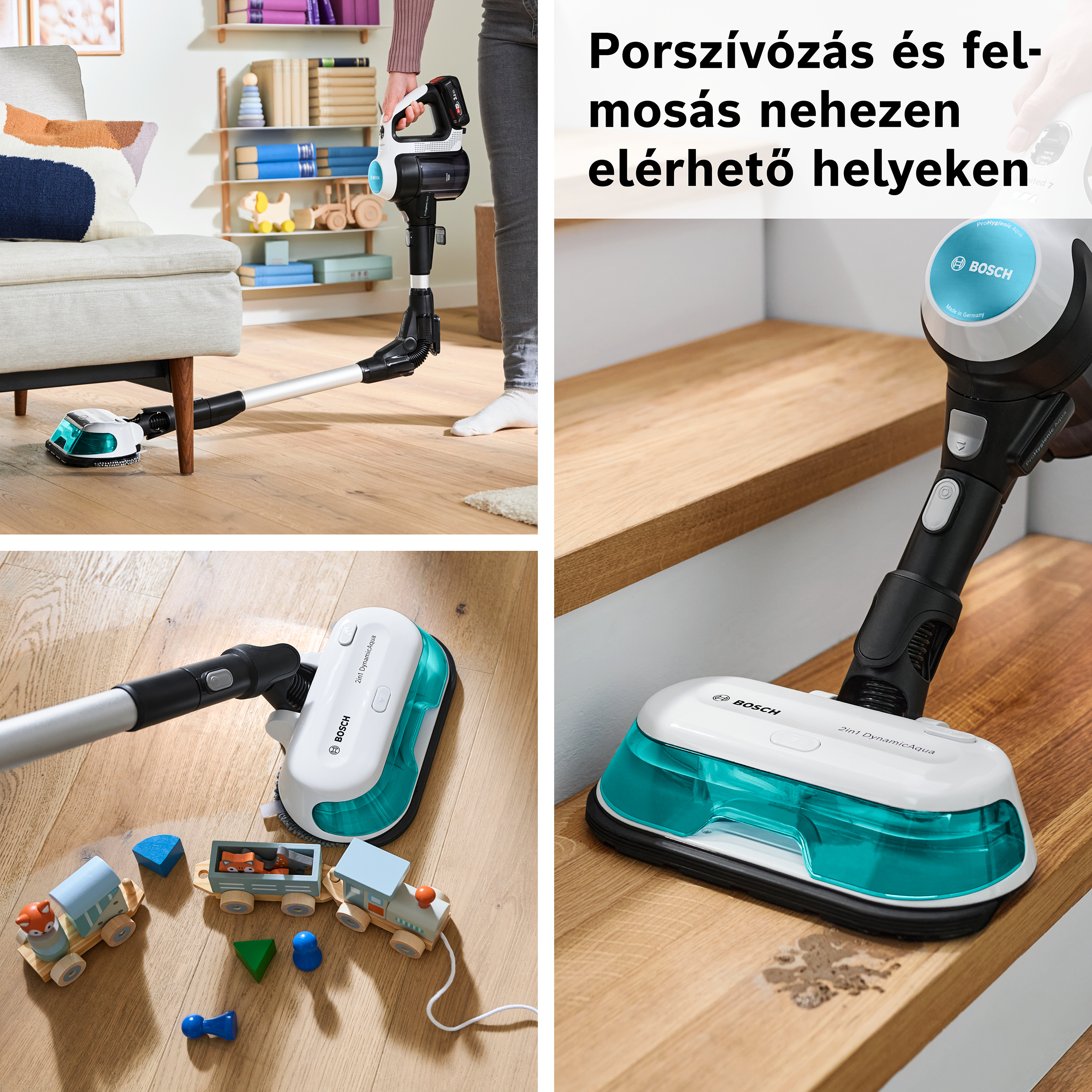Egy fehér és türkiz Bosch porszívóval tisztítanak egy fa padlót. Játékok vannak szétszórva.
