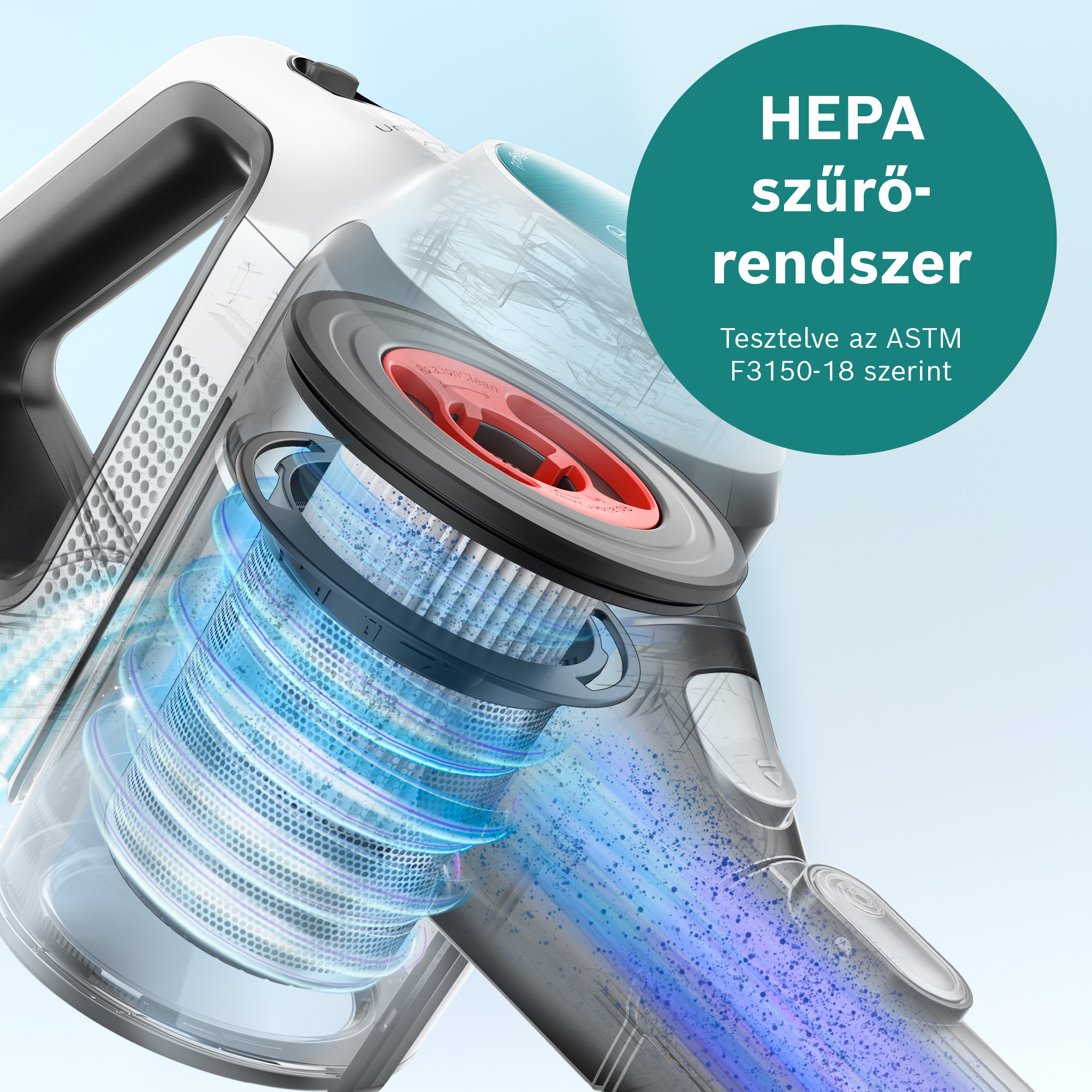 Porszívó HEPA szűrőrendszere. Zöld kör szöveggel, a szűrő és a légáramlás részletes nézetével.