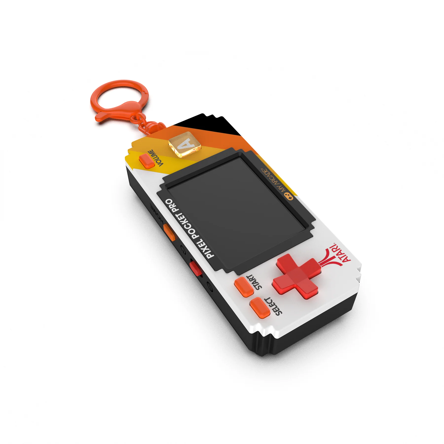 Una consola de juegos portátil Pixel Pocket Pro, blanca y negra. Acentos naranjas. Logo de Atari y botón de cruz rojo.
