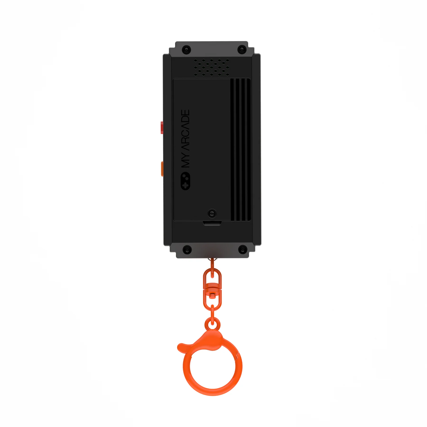 Dispositivo de juego MY ARCADE negro con clip y anillo naranja, fondo blanco.