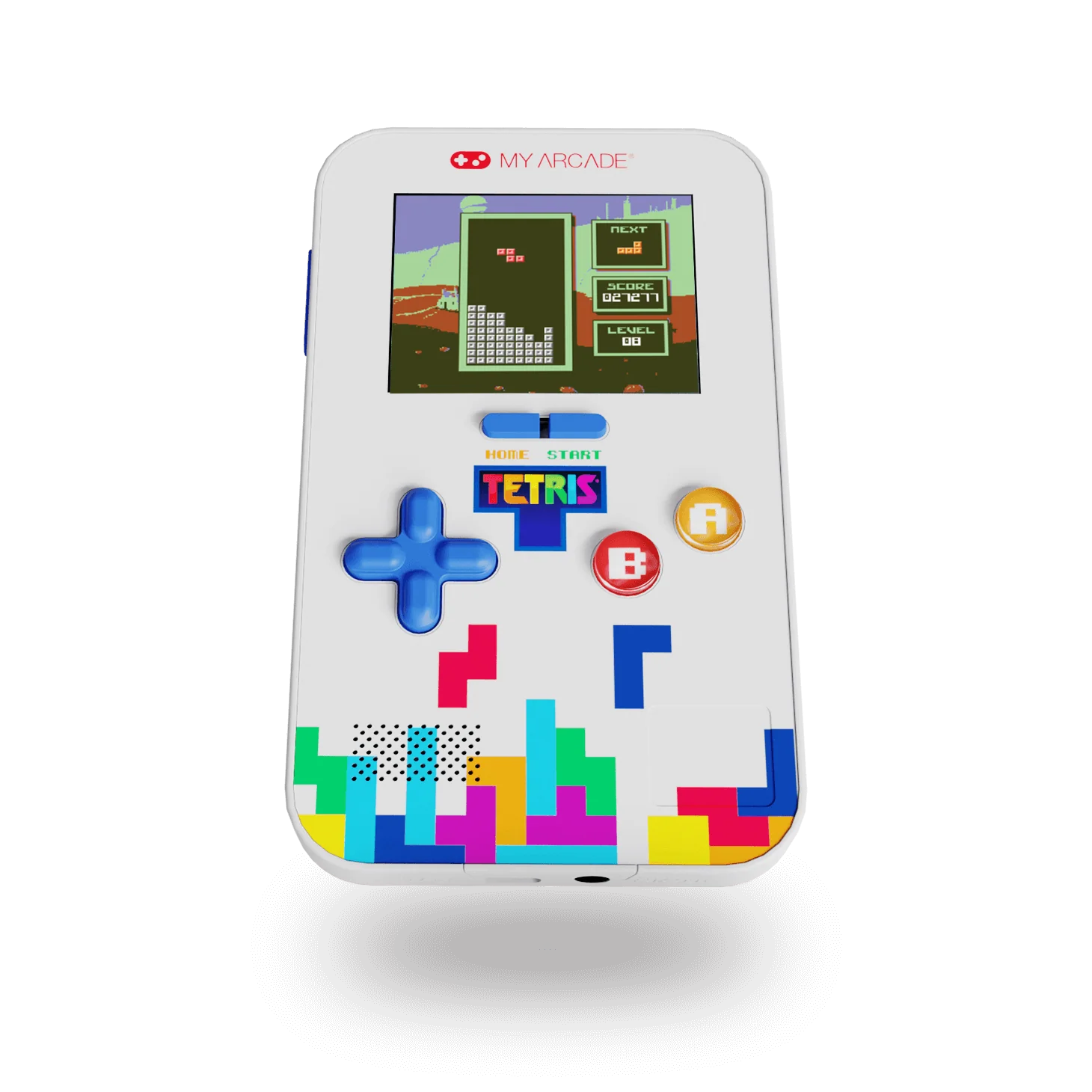 Una consola de juegos portátil Tetris blanca. Tiene una pantalla que muestra el juego, un D-pad y botones. La consola tiene arte de píxeles coloridos.