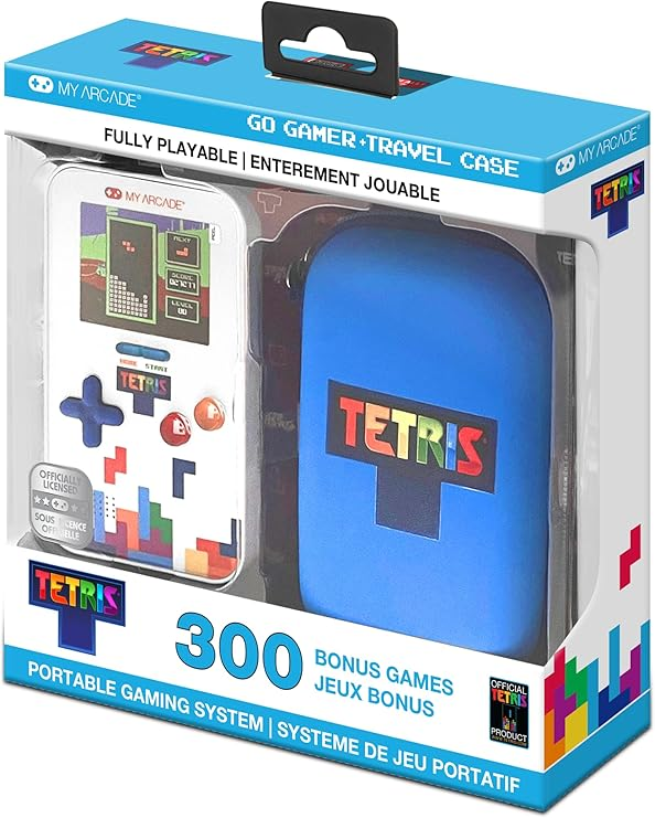 Un sistema de juego Tetris con un juego portátil y una funda azul. La caja dice '300 juegos de bonificación' y muestra el logo de Tetris.