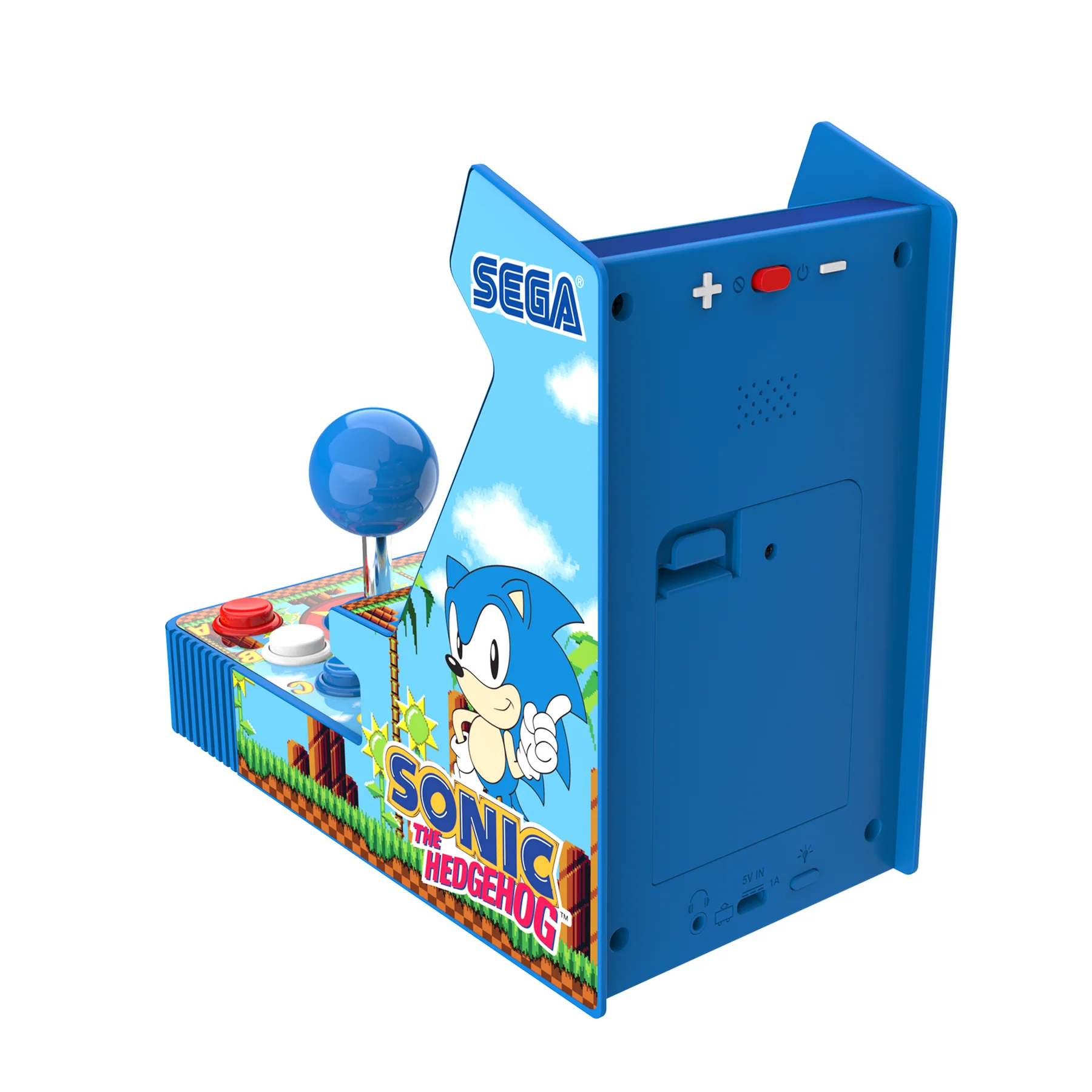 Una máquina recreativa azul de Sonic the Hedgehog. Tiene un joystick, botones y una pantalla con el logotipo y el personaje del juego.