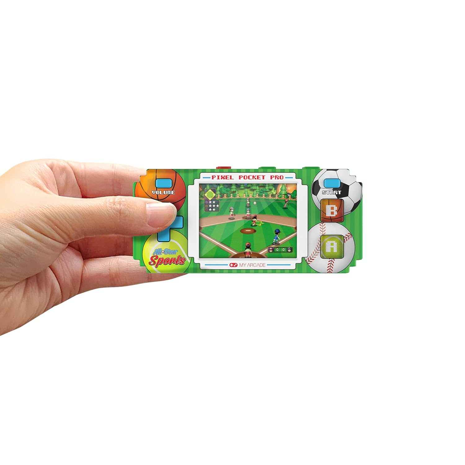 Mano sosteniendo una consola de juegos portátil que muestra un juego de béisbol. Se ven botones y detalles del juego. La consola es verde.