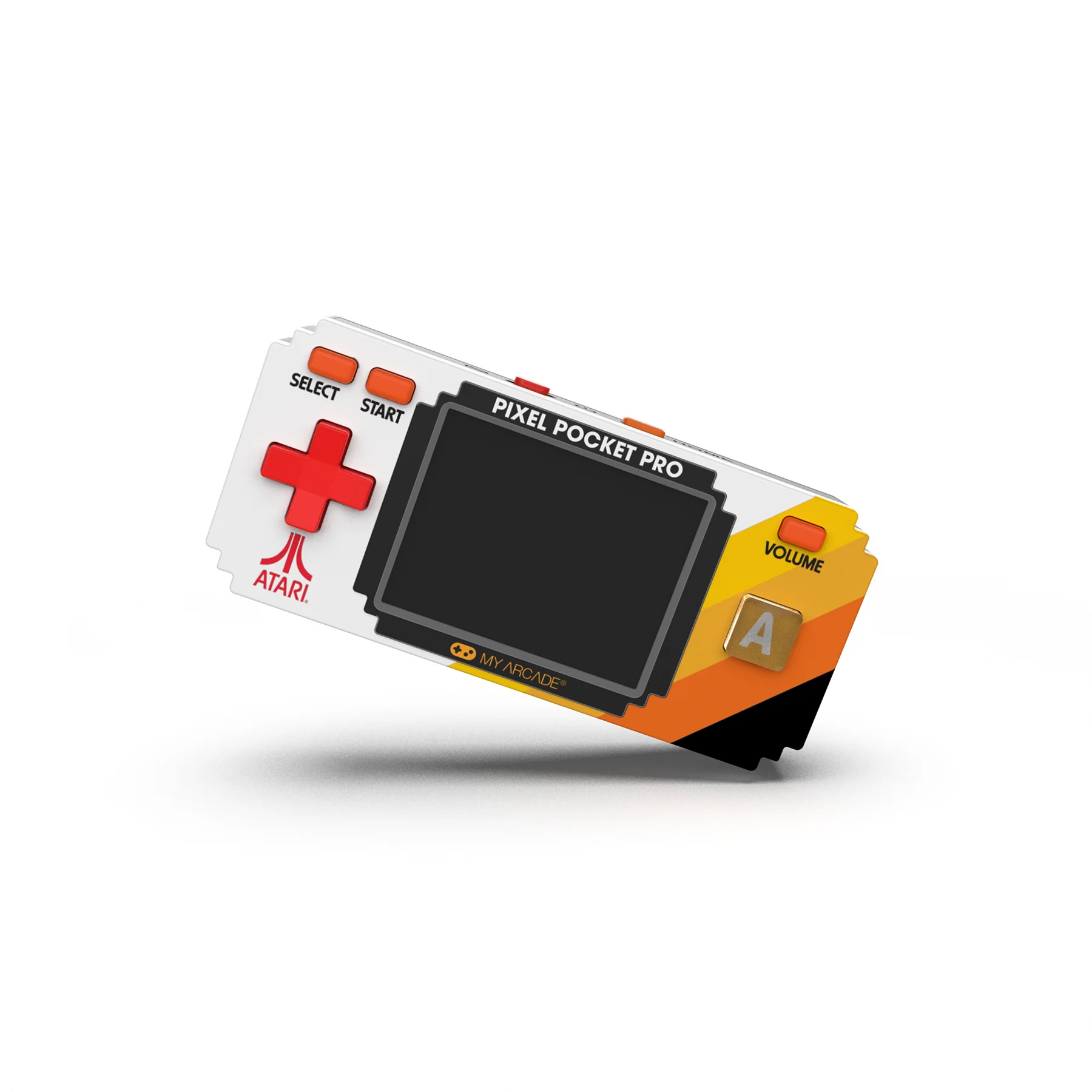 Una consola de juegos Pixel Pocket Pro sobre un fondo blanco. Tiene una pantalla, botones y el logotipo de Atari.