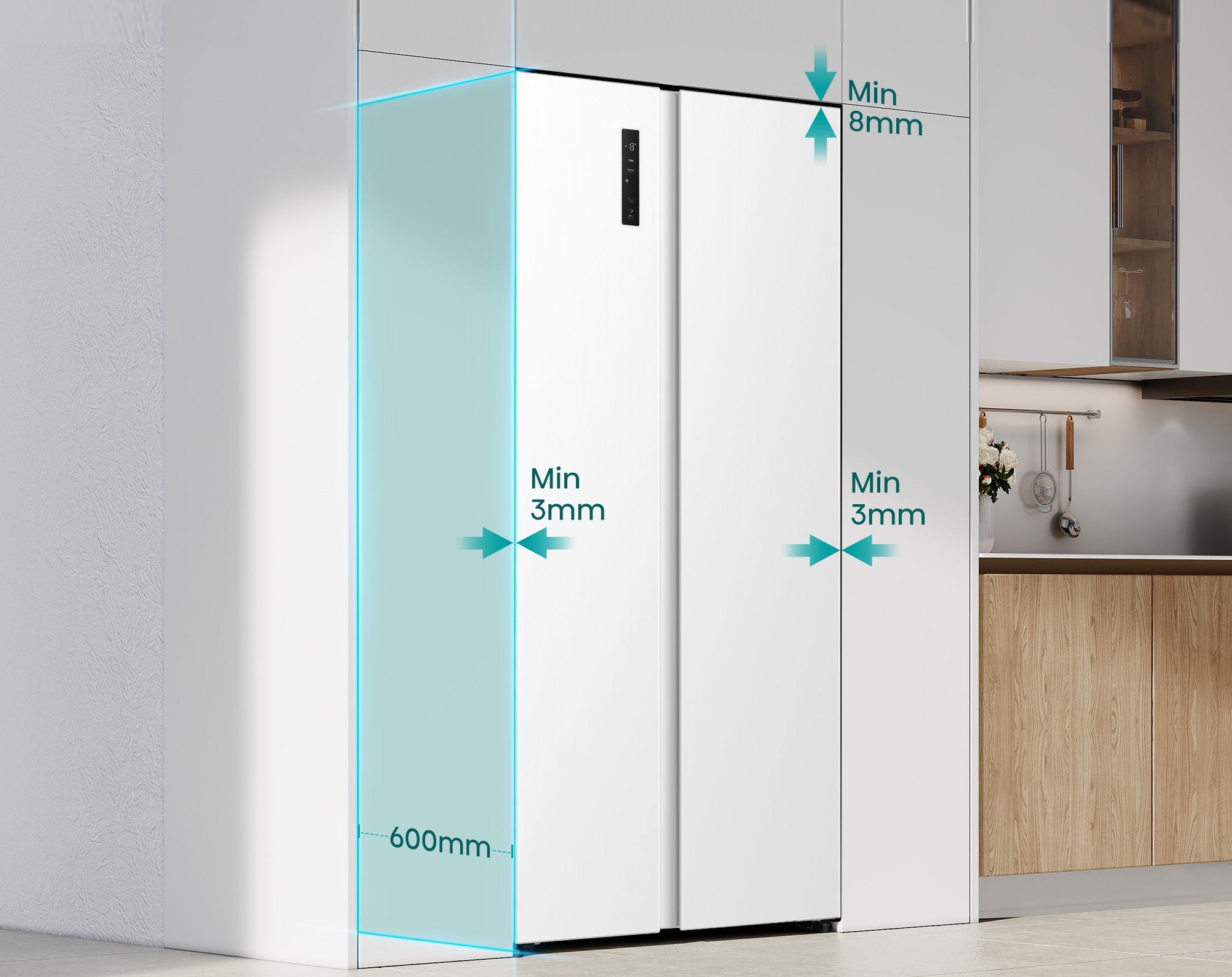 Se muestra un refrigerador blanco en un entorno de cocina. Se muestran medidas alrededor del refrigerador.