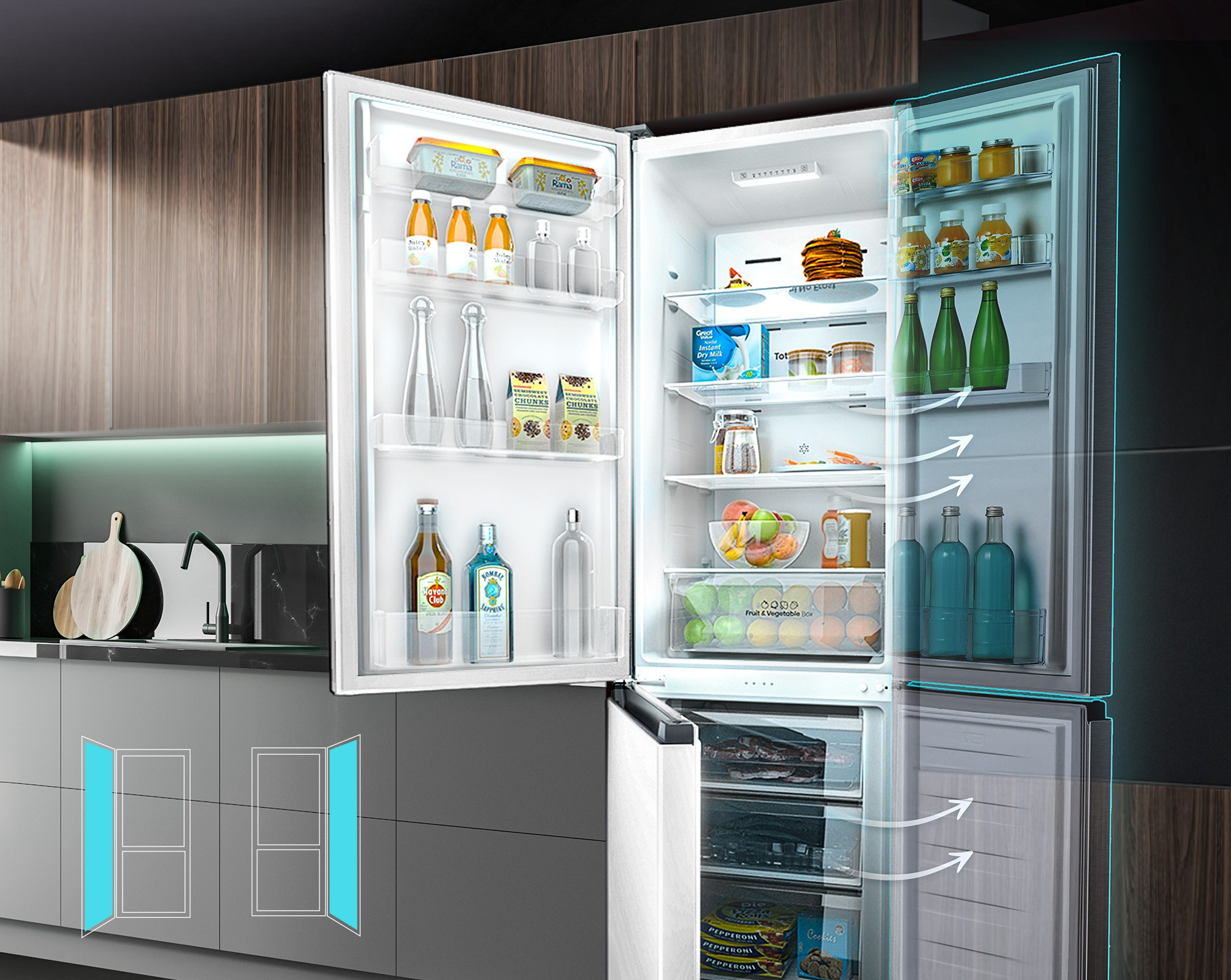 Refrigerador abierto lleno de alimentos, bebidas y productos. Armarios de cocina y encimera en el fondo. Flechas indican el flujo de aire.