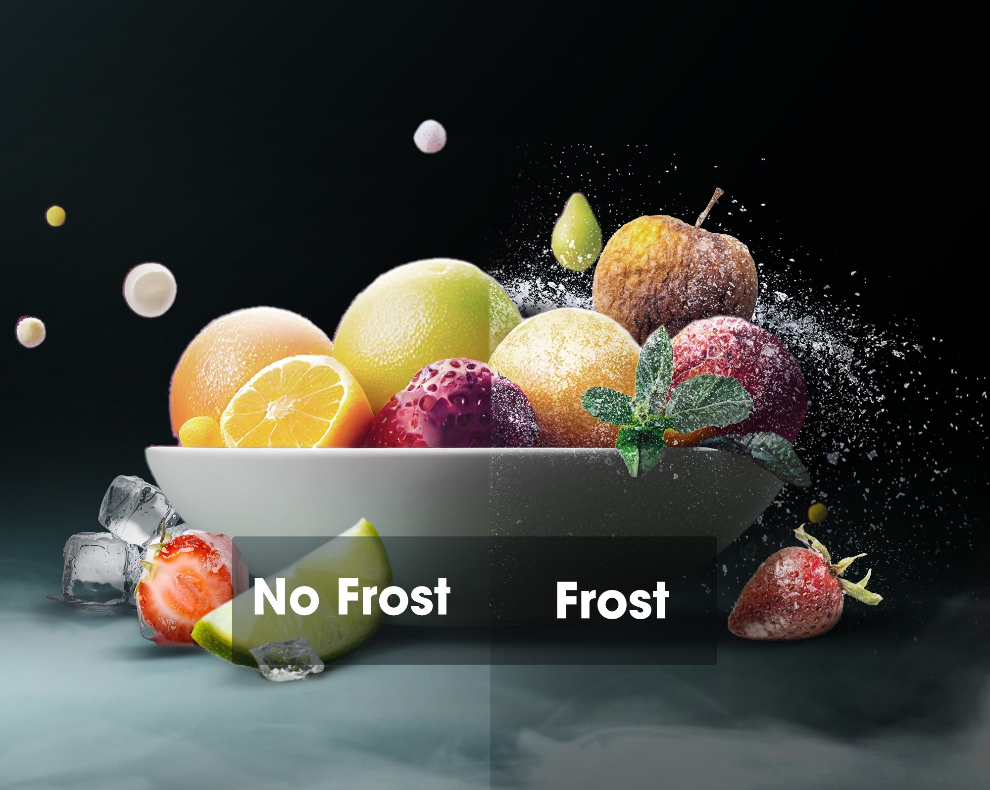 Un cuenco de frutas con una comparación "Sin escarcha" y "Escarcha", cubitos de hielo y vapor de agua en un entorno oscuro.