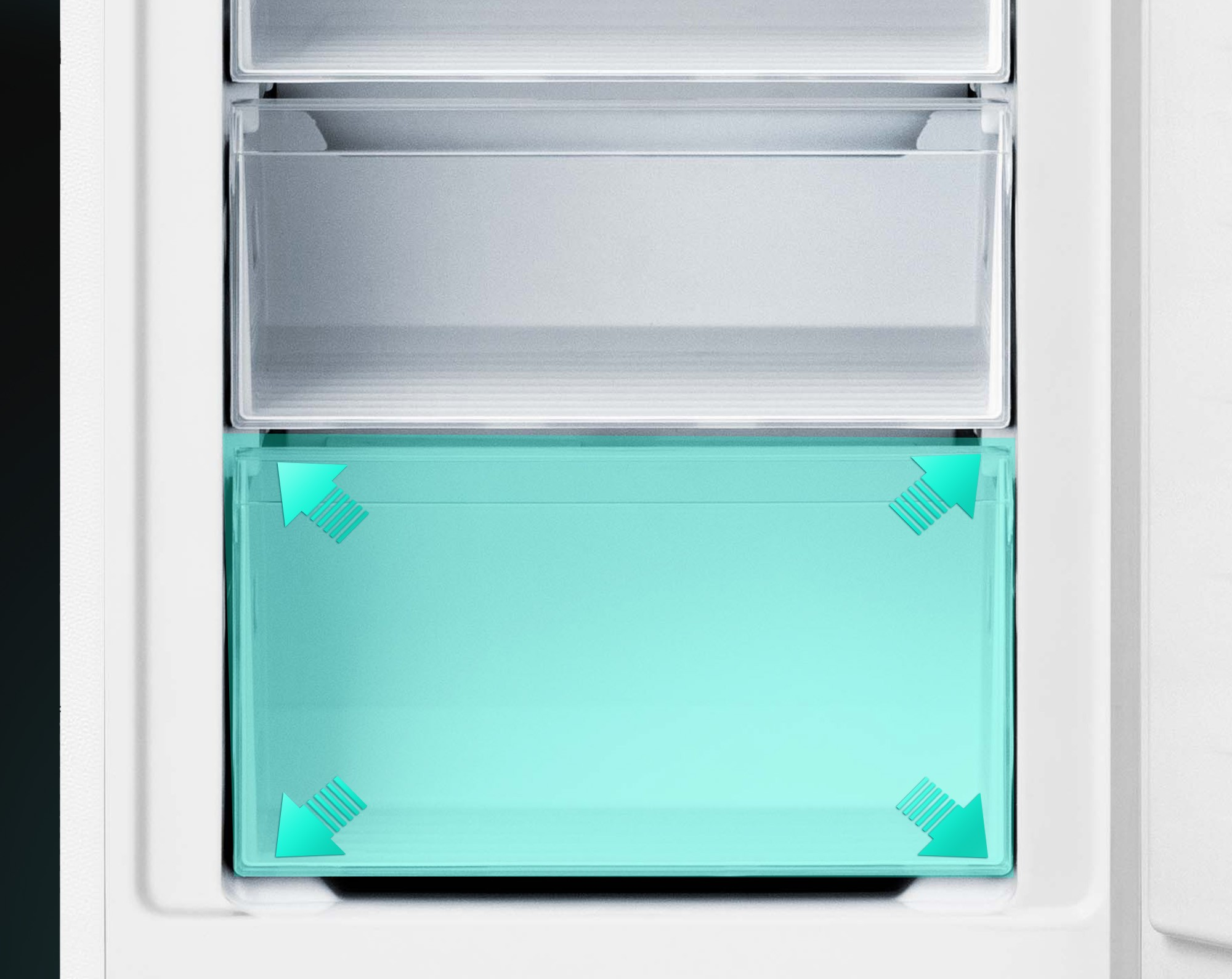 Un cajón del refrigerador está abierto. El cajón superior es gris, el inferior azul claro con flechas.