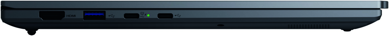 Vista lateral de un portátil oscuro. Los puertos incluyen HDMI, USB, alimentación y USB-C. Hay una luz verde.