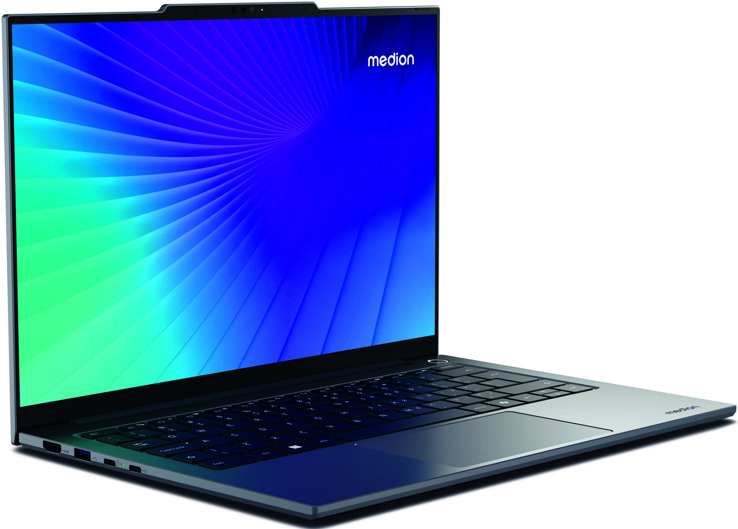 Un portátil Medion está en ángulo sobre una superficie blanca. La pantalla muestra un patrón de ondas azules y verdes. Teclado visible.