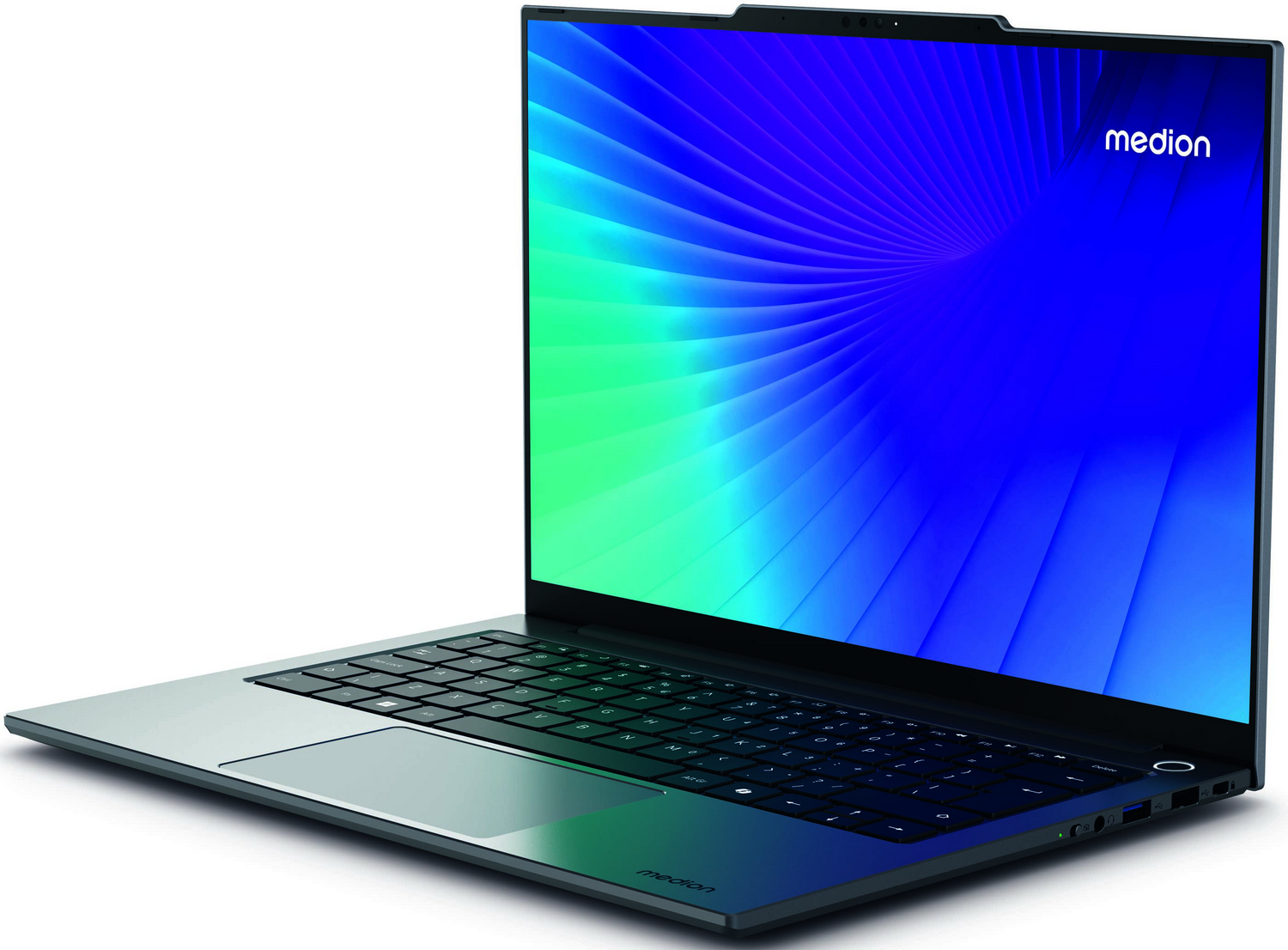 Un portátil con una pantalla azul y verde degradada. El logotipo de Medion es visible. Está sobre un fondo blanco.