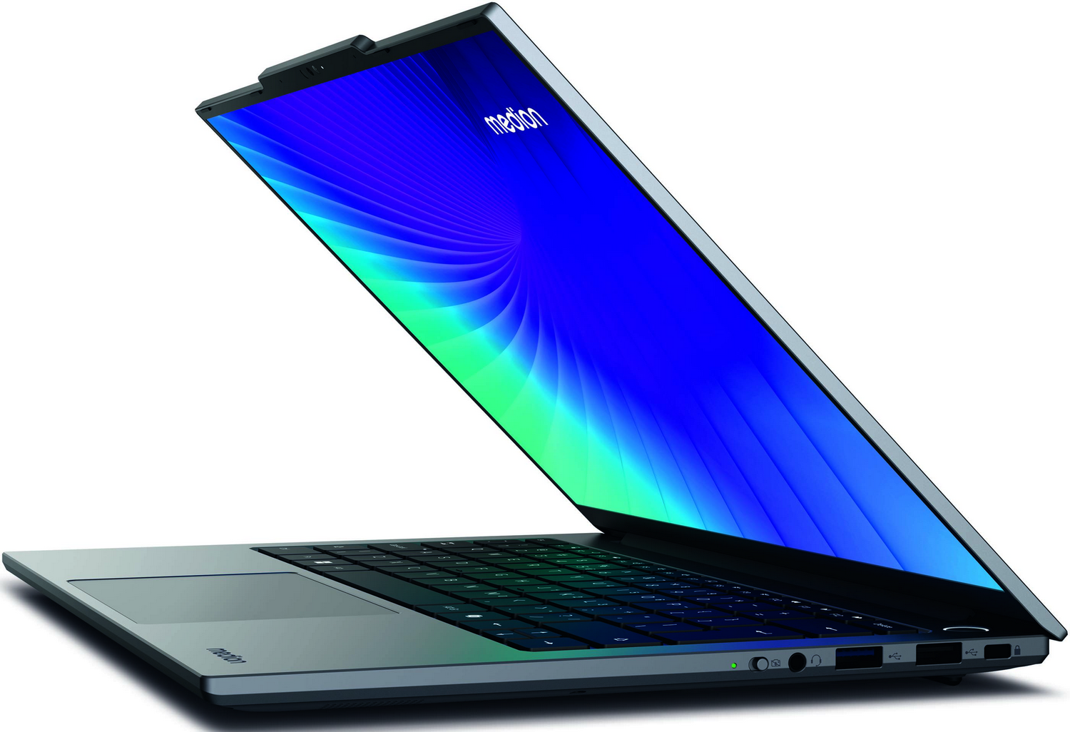 Ordenador portátil abierto con pantalla azul, teclado negro y panel táctil. Fondo blanco. Logotipo de Medion en la pantalla y el portátil.