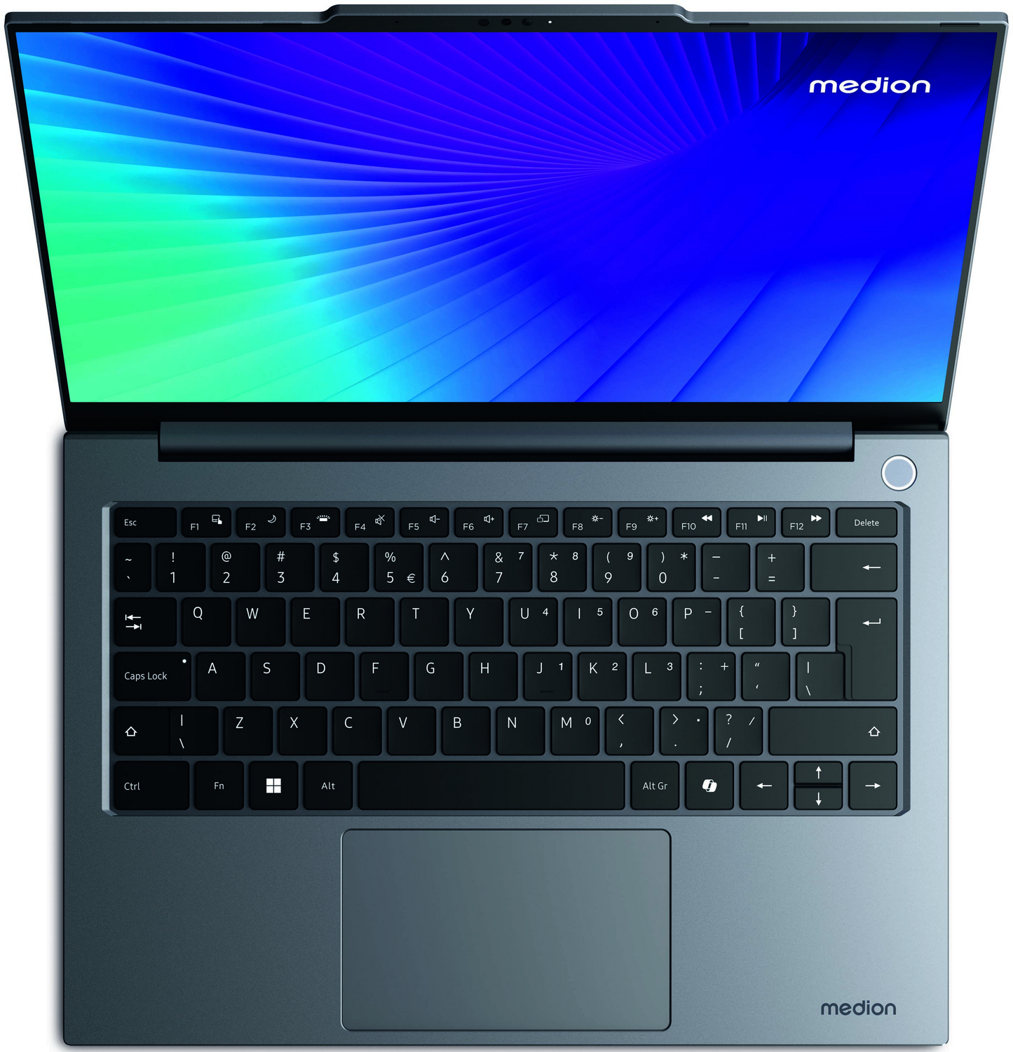 Un portátil Medion gris con la pantalla abierta. La pantalla muestra un degradado azul y verde. El teclado es visible.