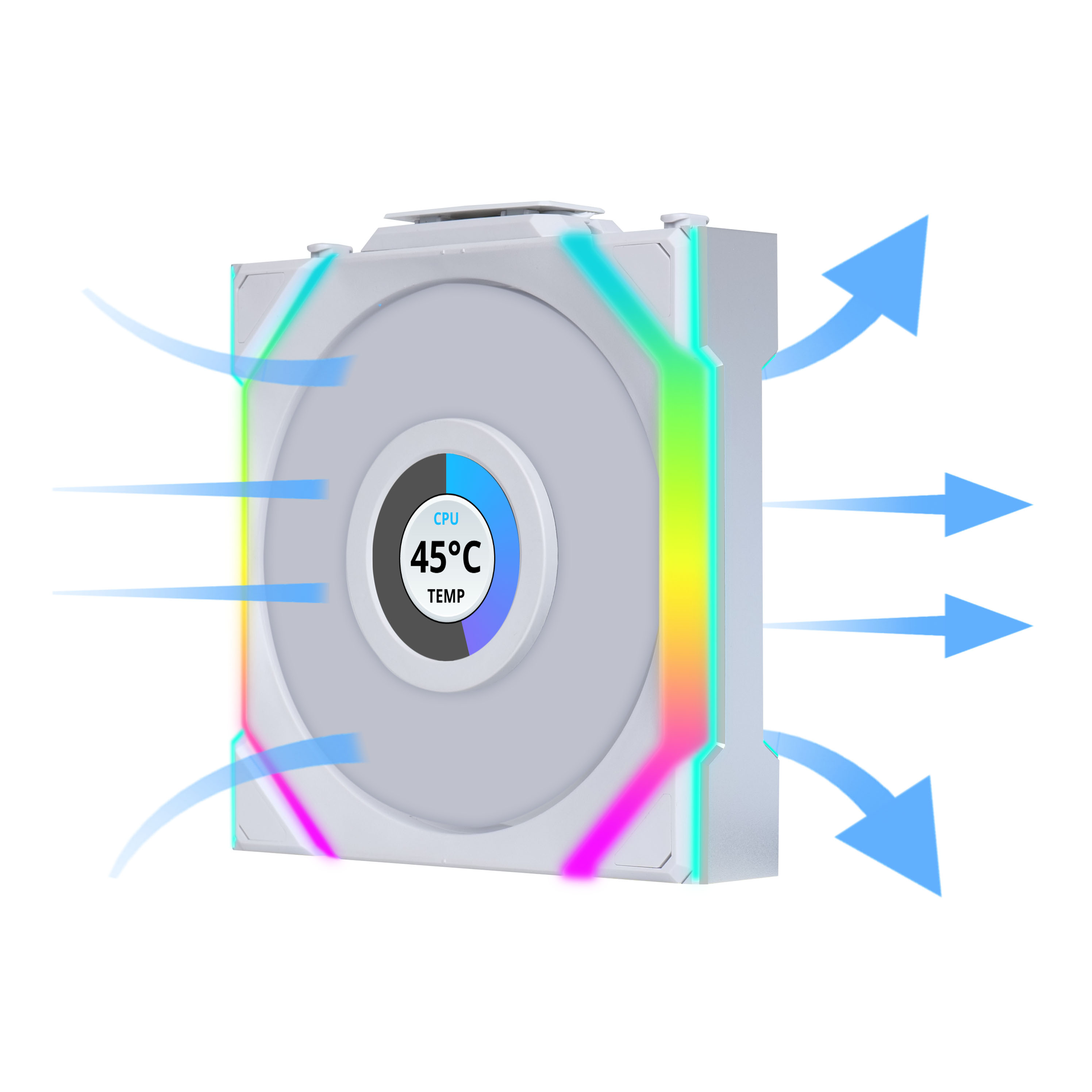 Ein CPU-Kühler mit Lüfter zeigt 45°C an. Blaue Pfeile zeigen den Luftstrom an. Bunte Lichter umgeben den Lüfter.