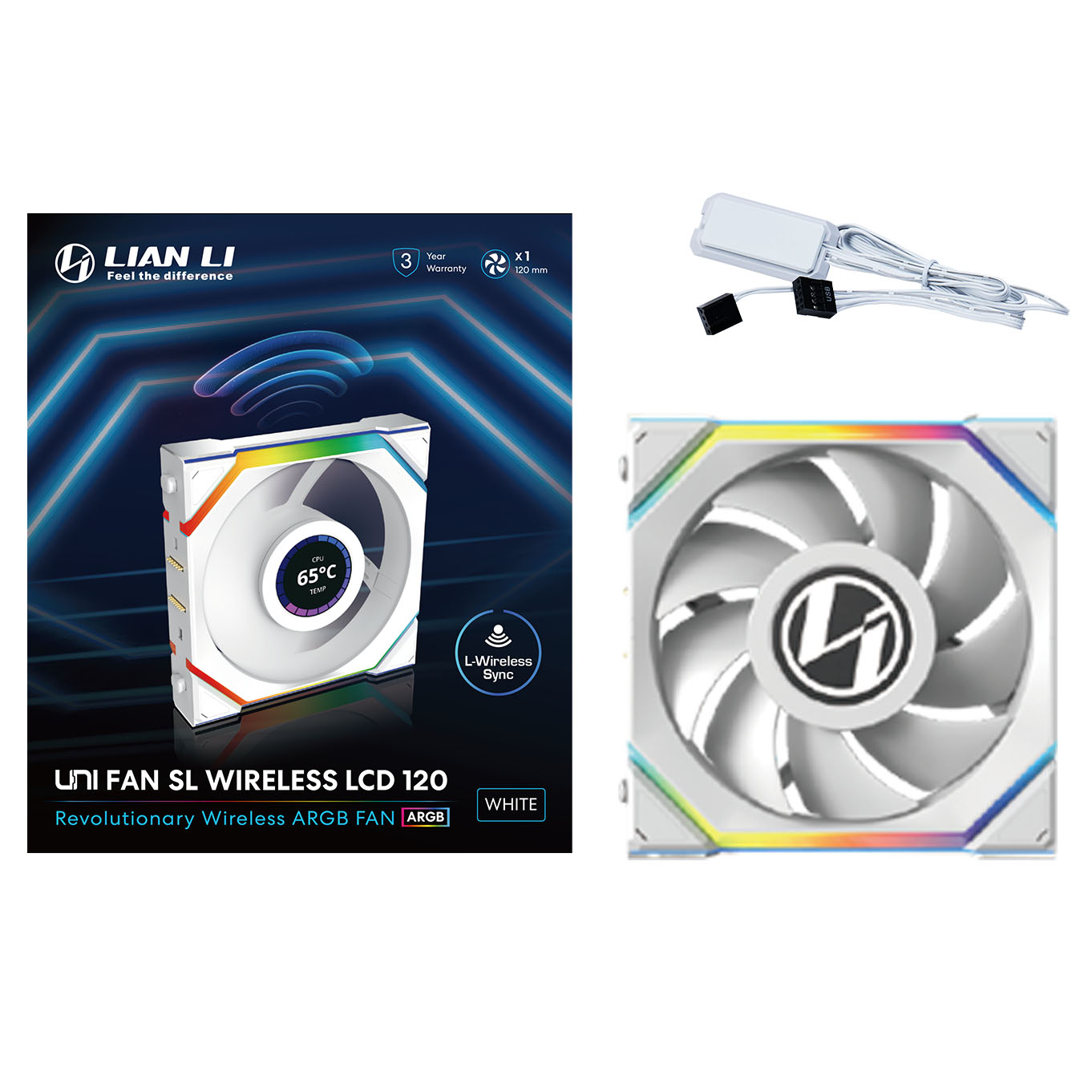 Das Bild zeigt einen weißen Computerlüfter mit RGB-Beleuchtung, Produktdetails und einer drahtlosen Synchronisierungsfunktion. Der Lüfter hat eine CPU-Temperaturanzeige.