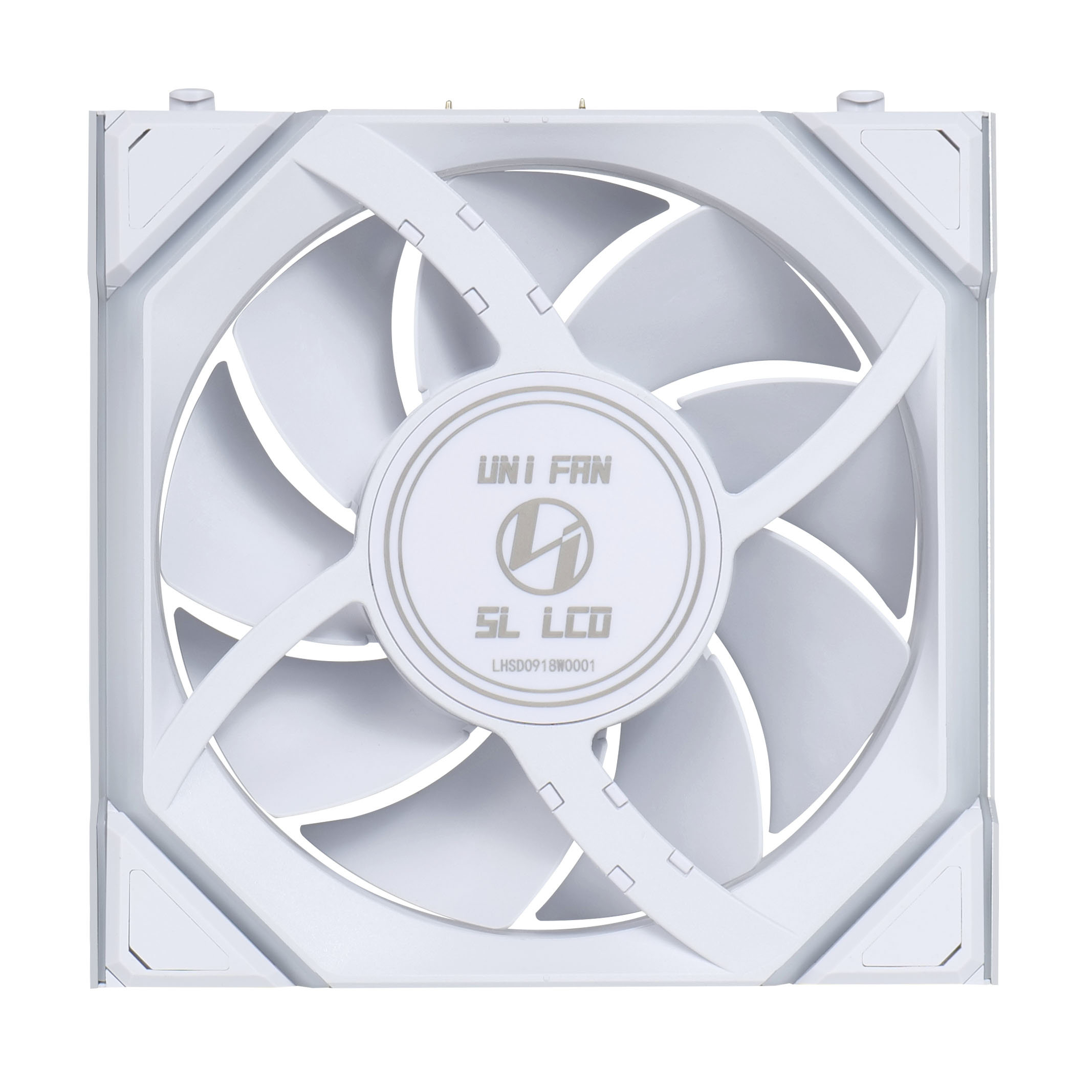 Ein weißer Computerlüfter mit kreisförmigem Design. Er hat sieben Flügel und ein zentrales Logo mit der Aufschrift 'UNI FAN SL LCD'.