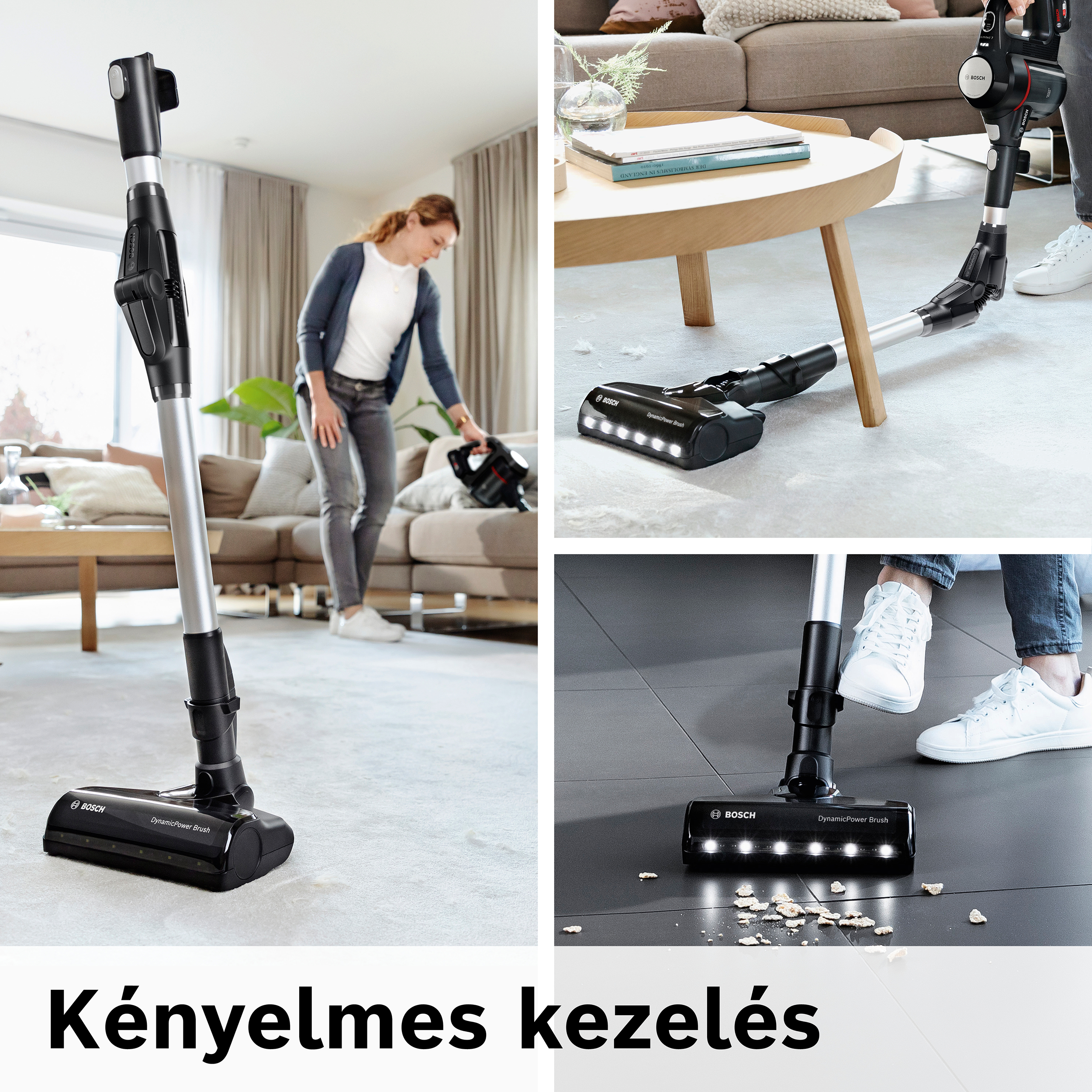 A képen egy fekete Bosch porszívó látható használat közben. Egy nő szőnyeget porszívózik. Más nézetek a padlón való használatát mutatják.