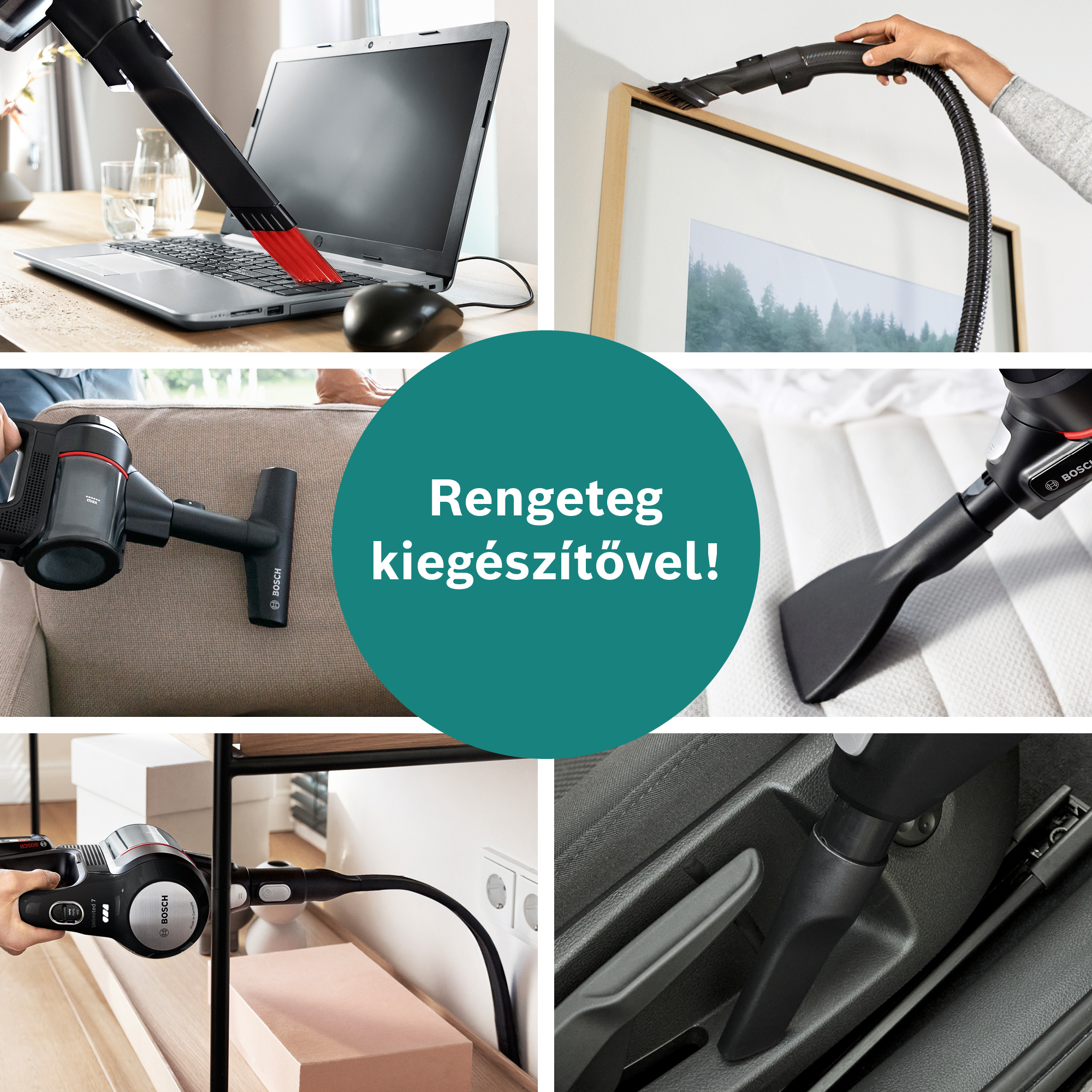 A képen egy porszívó látható, amelyet különböző felületeken használnak, beleértve egy laptopot, egy kanapét és egy autó belsejét.