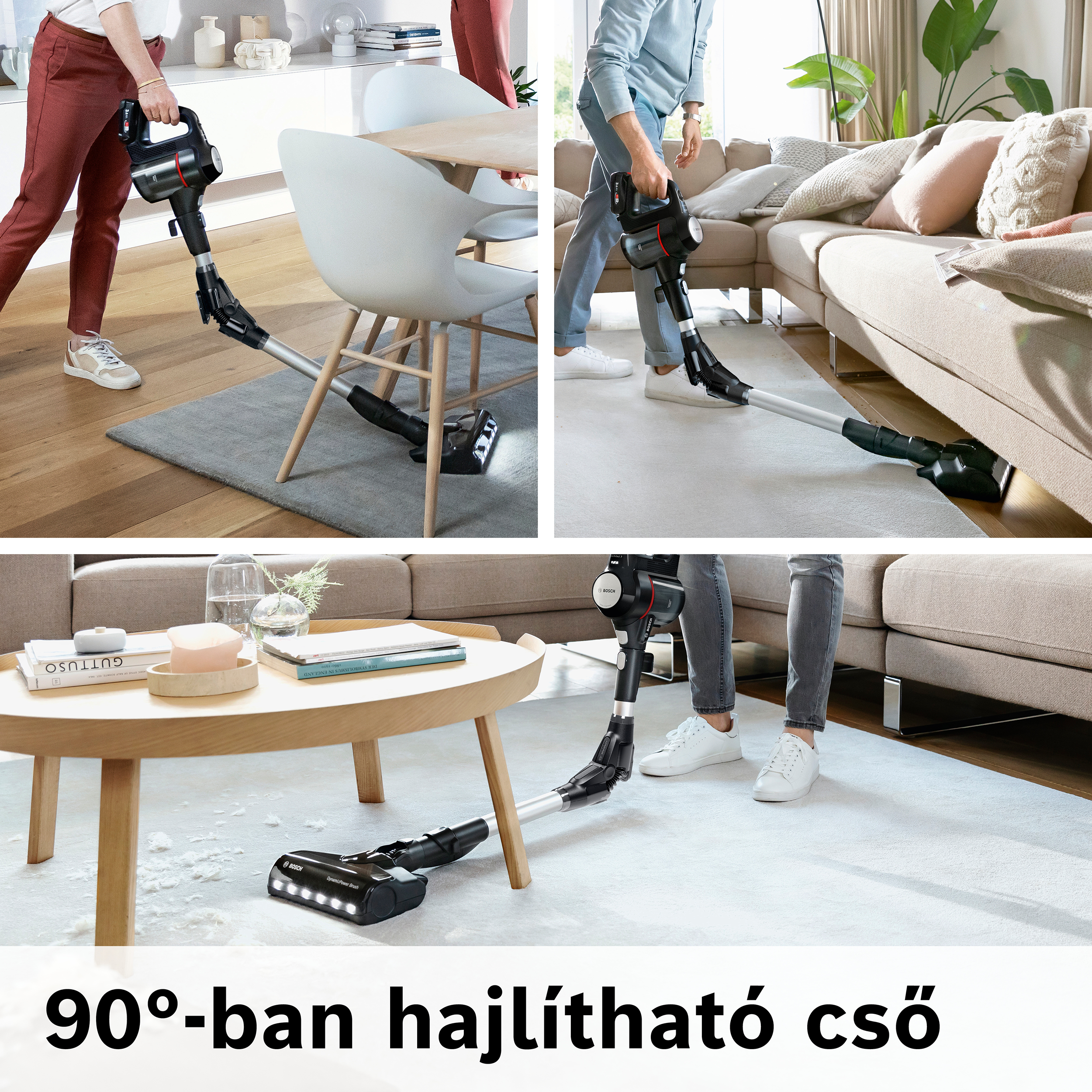 A képen egy személy látható, amint egy vezeték nélküli porszívót használ. A porszívó fekete, a jelenet otthoni környezetben zajlik.
