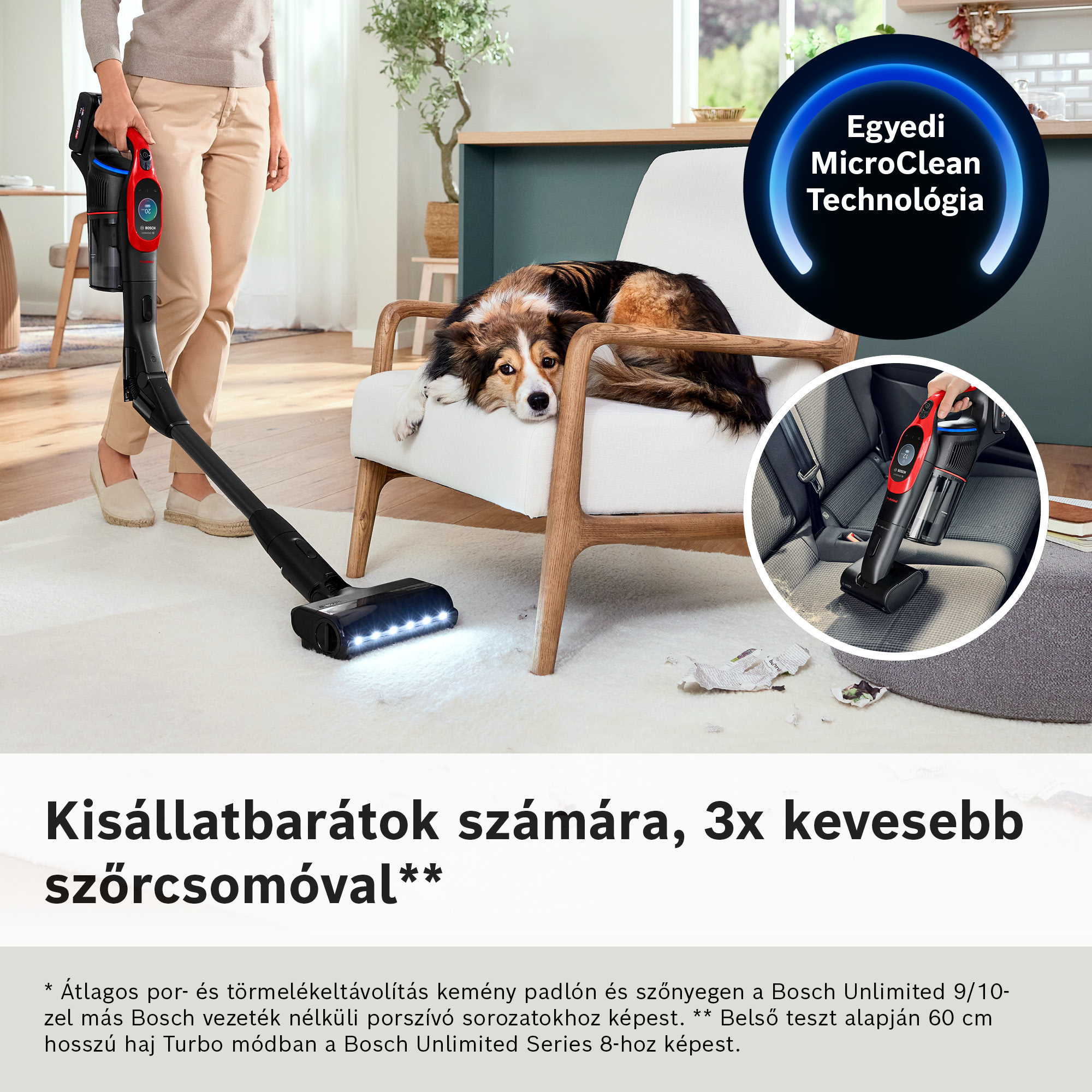 Egy személy porszívózik egy szőnyeget egy vezeték nélküli porszívóval, egy kutya egy széken ül. A jelenet egy házban játszódik.
