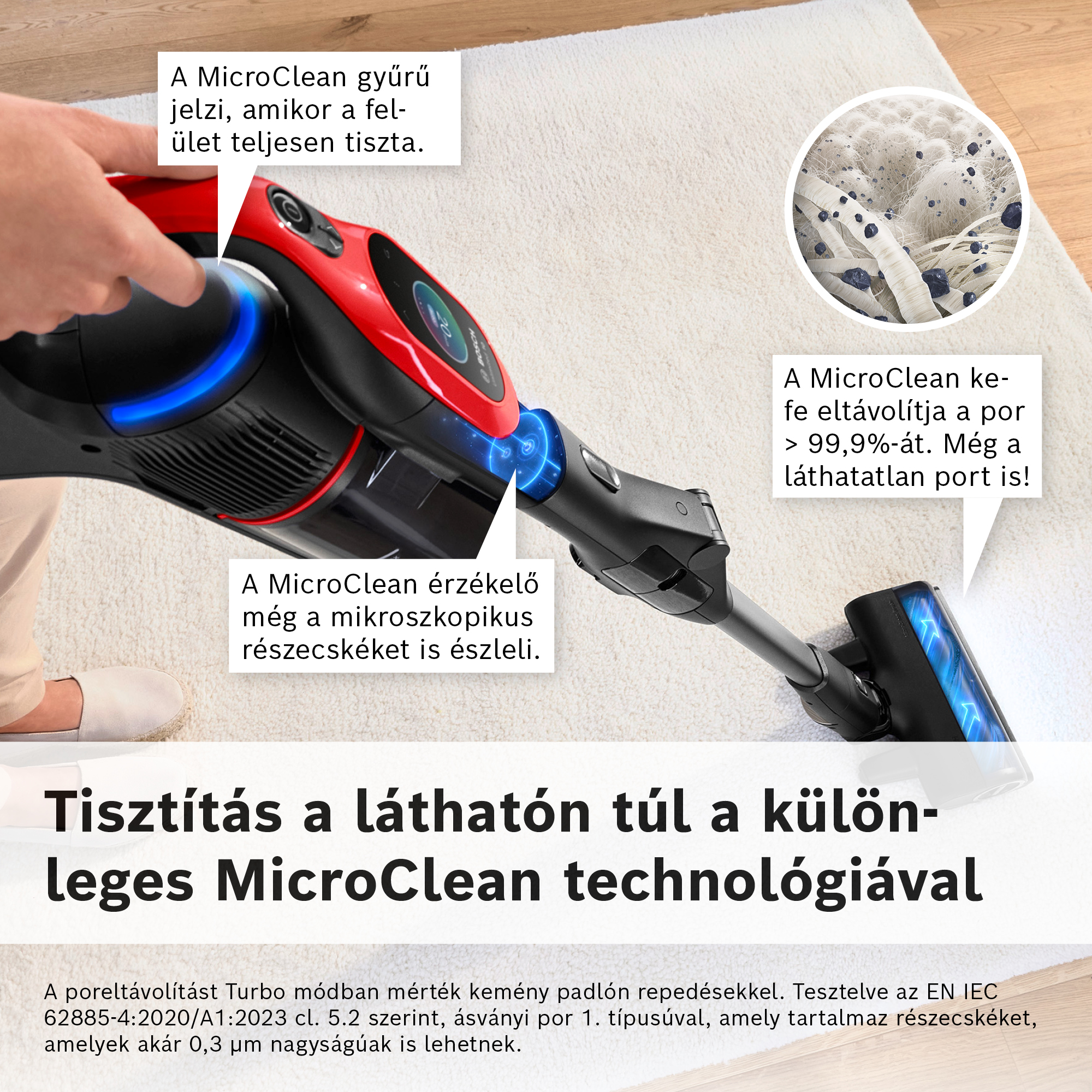 Egy piros-fekete porszívó fehér szőnyeget tisztít. A szöveg a MicroClean technológiáról szól.