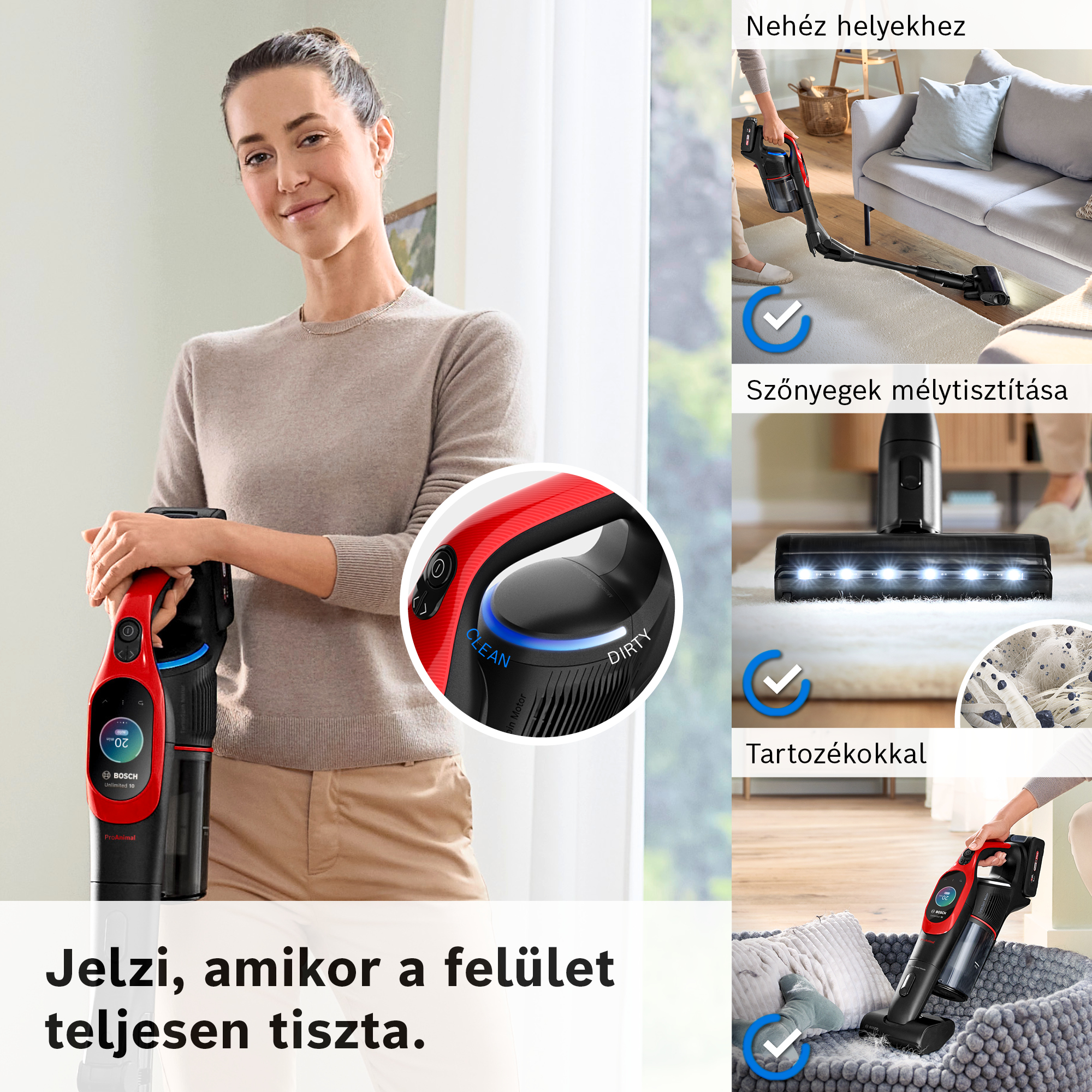A nő egy piros-fekete porszívót tart. Más képek szőnyegek, sarkok porszívózását mutatják, kiegészítőkkel. Magyar szöveg.