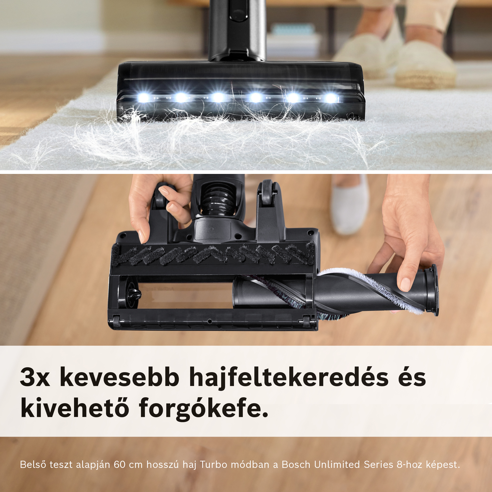 A porszívófej fehér szőnyeget tisztít. Egy kéz tartja a kefe fejet. A szöveg: '3x kevesebb hajfeltekeredés'.