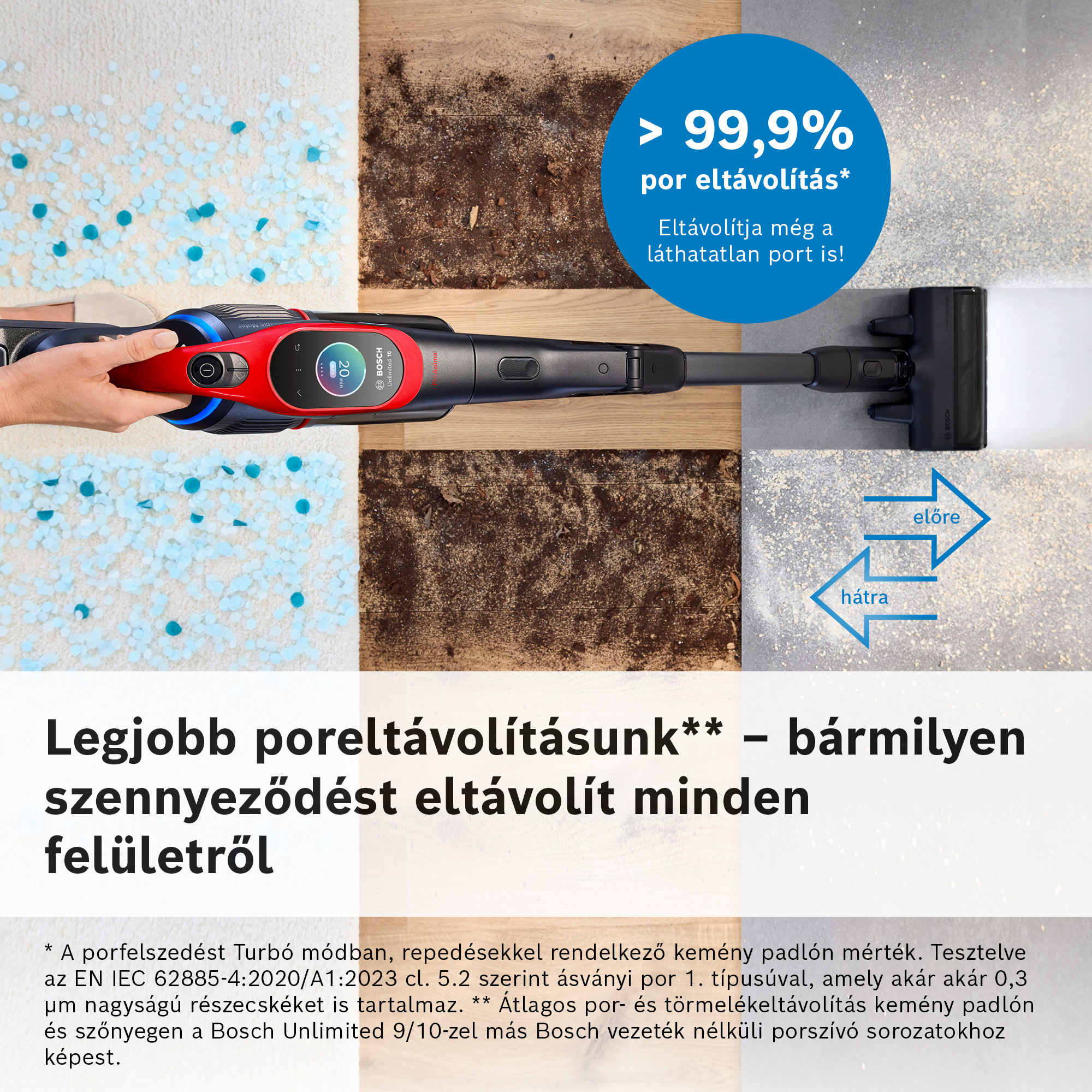 A Bosch porszívó három felületet tisztít. 99,9%-os portalanítást mutat. A porszívó piros és fekete.