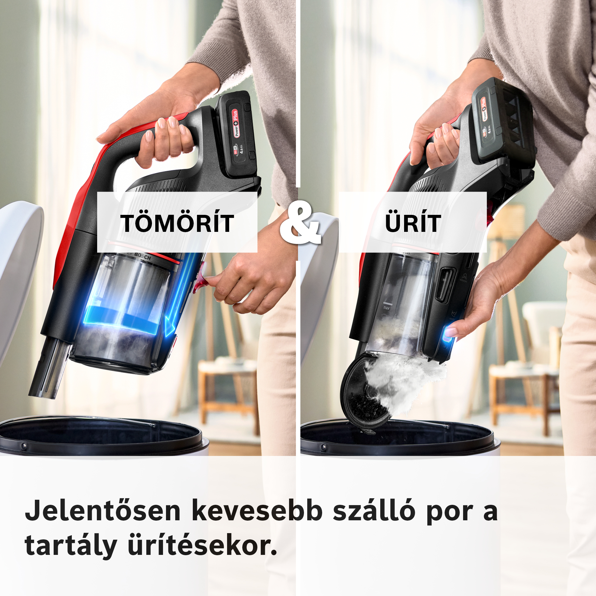 A kép egy porszívót mutat, amint kiürítik. A szöveg szerint: Jelentősen kevesebb por a tartály ürítésekor.