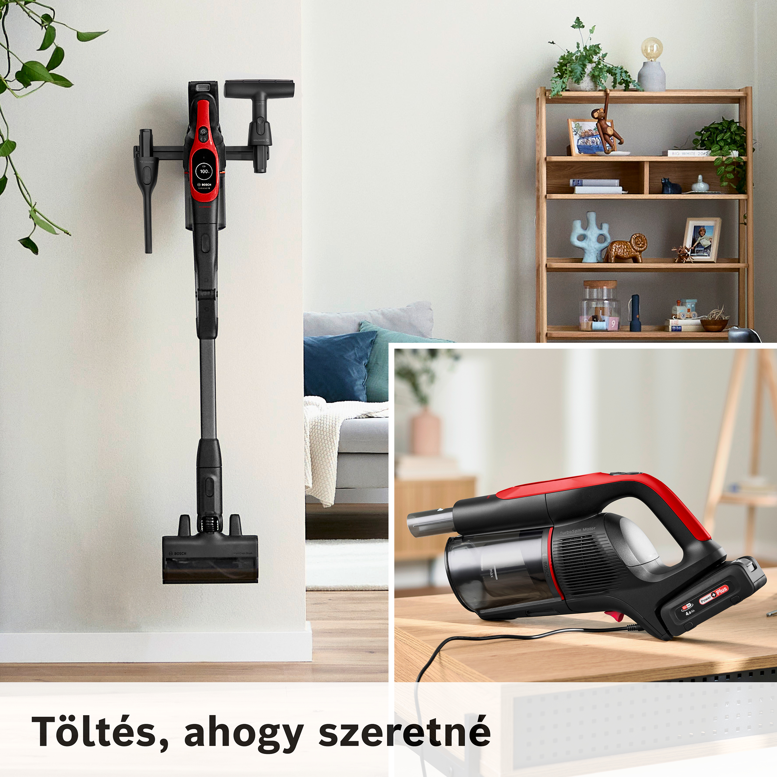 A kép egy fekete-piros porszívót mutat egy fehér falra szerelve és egy polcot dekorációkkal.