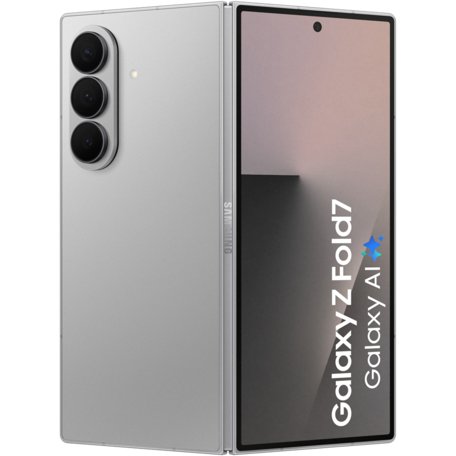 Een zilveren Samsung Galaxy Z Fold7-telefoon wordt gedeeltelijk geopend getoond, met het scherm met tekst en een zwarte achtergrond.