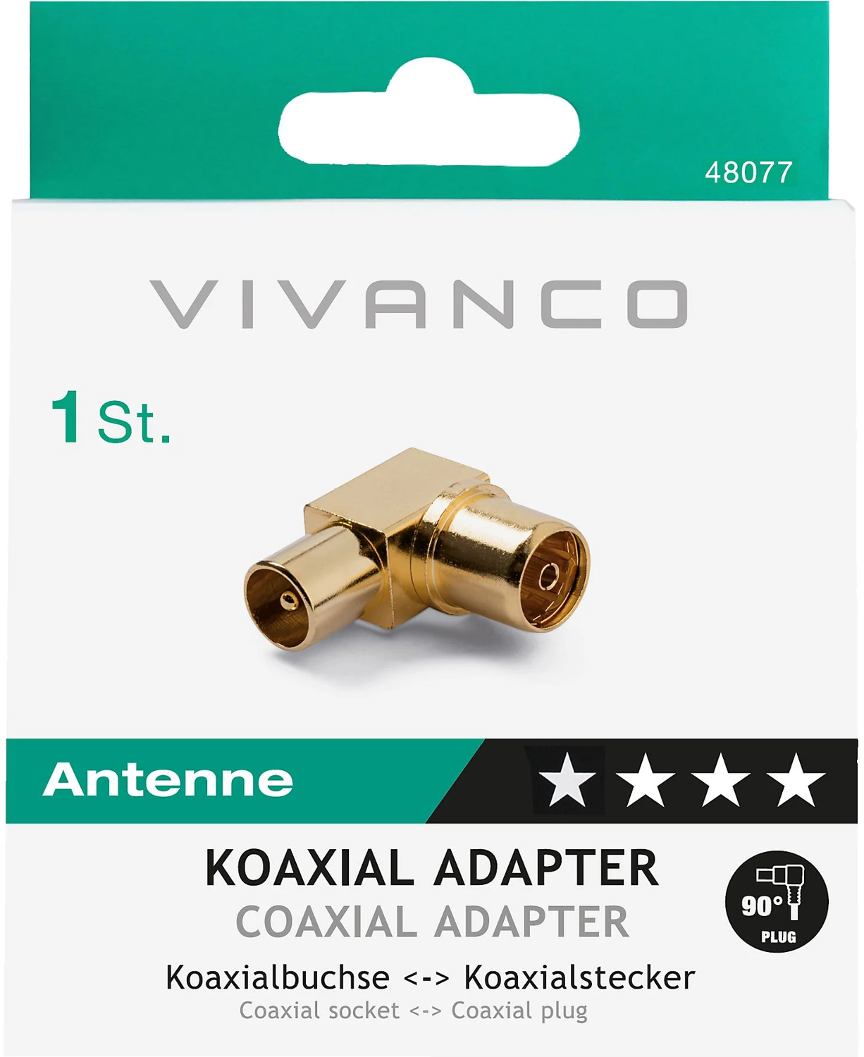 Ein goldener Koaxialadapter auf einer weißen Box mit Text auf Deutsch und Englisch. Die Marke ist Vivanco. Es gibt ein grünes Banner.