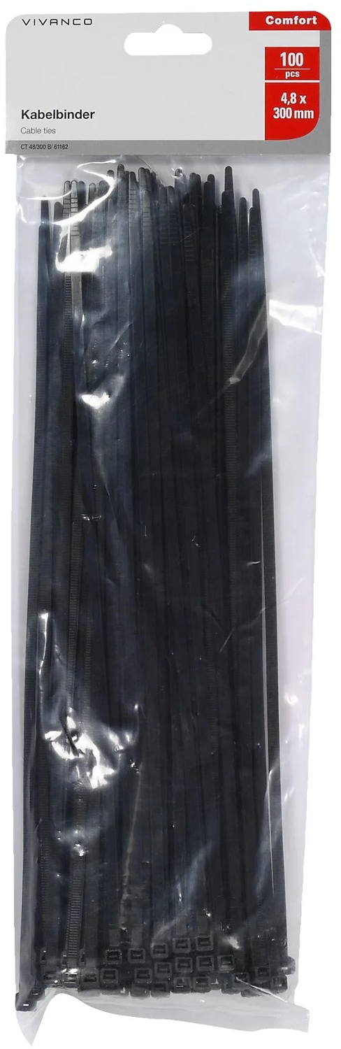 Eine Packung schwarzer Kabelbinder. Die Verpackung ist transparent. Text auf der Verpackung enthält 'Kabelbinder' und '100 Stück'.