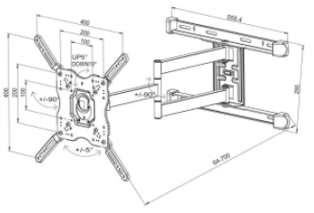 Diagramm einer TV-Wandhalterung. Es zeigt Abmessungen, Drehpunkte und das Halterungsdesign in einer technischen Zeichnung.