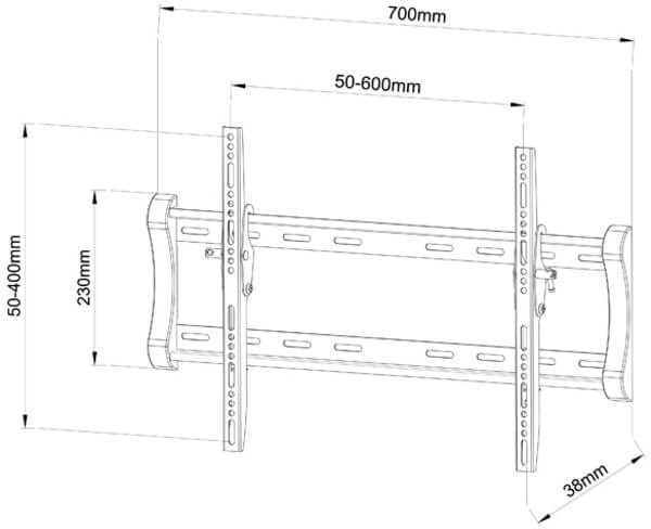 Diagramm einer TV-Wandhalterung mit Abmessungen. Enthält Messungen wie 700 mm, 50-600 mm, 50-400 mm, 230 mm und 38 mm.