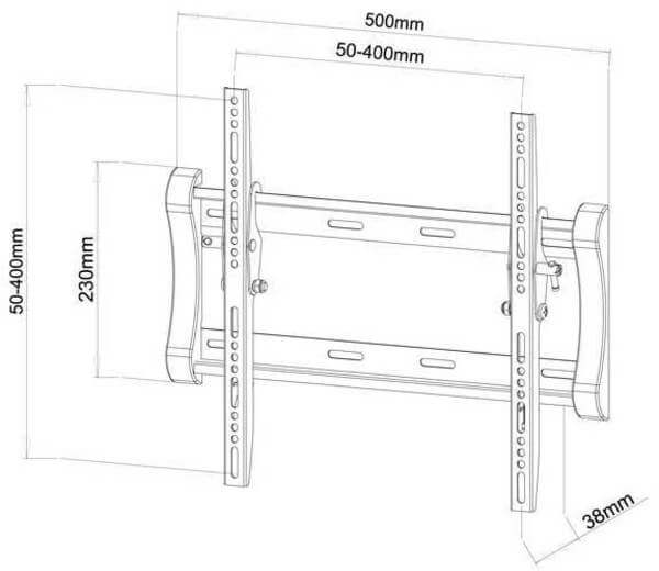 Diagramm einer TV-Wandhalterung. Abmessungen sind beschriftet: 500 mm, 50-400 mm, 230 mm, 50-400 mm und 38 mm.
