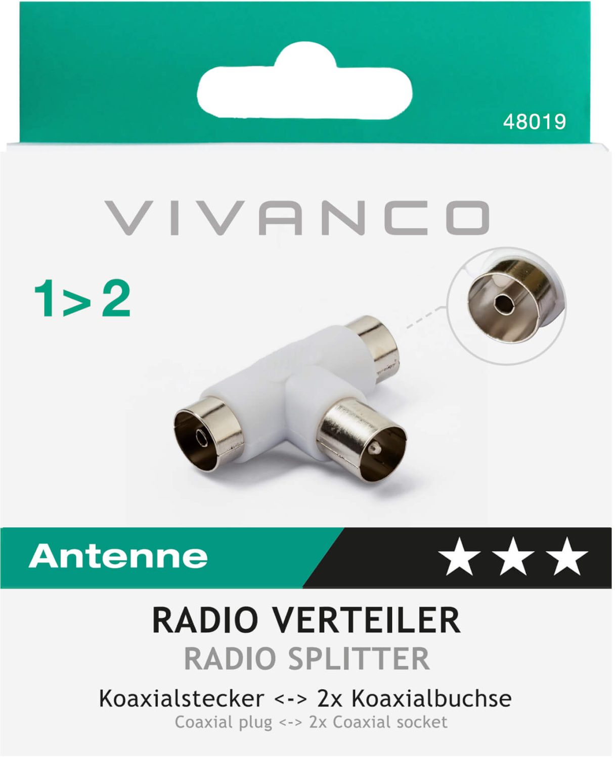 Ein weißer Vivanco Radio-Splitter. Er hat drei Koaxialanschlüsse, mit dem Text 'Antenne' und '1<gt/>2' auf der Verpackung.