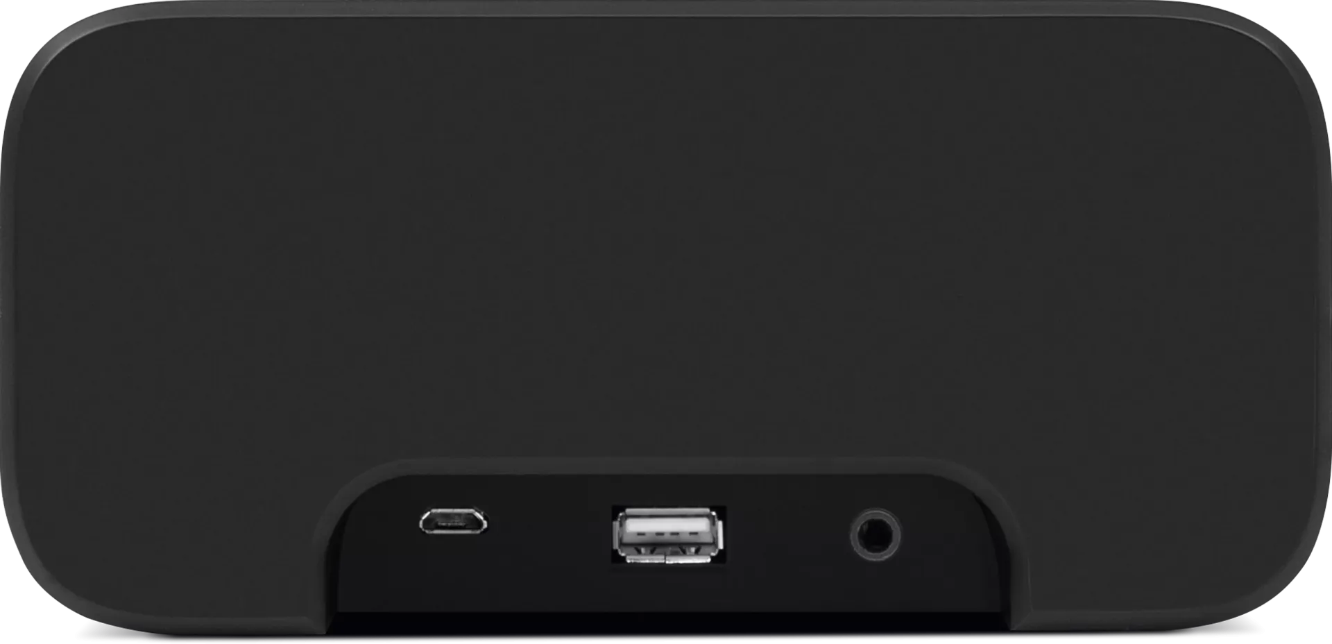 Rückseite des schwarzen Lautsprechers. Enthält einen USB-Anschluss, einen Micro-USB-Anschluss und eine Audiobuchse.