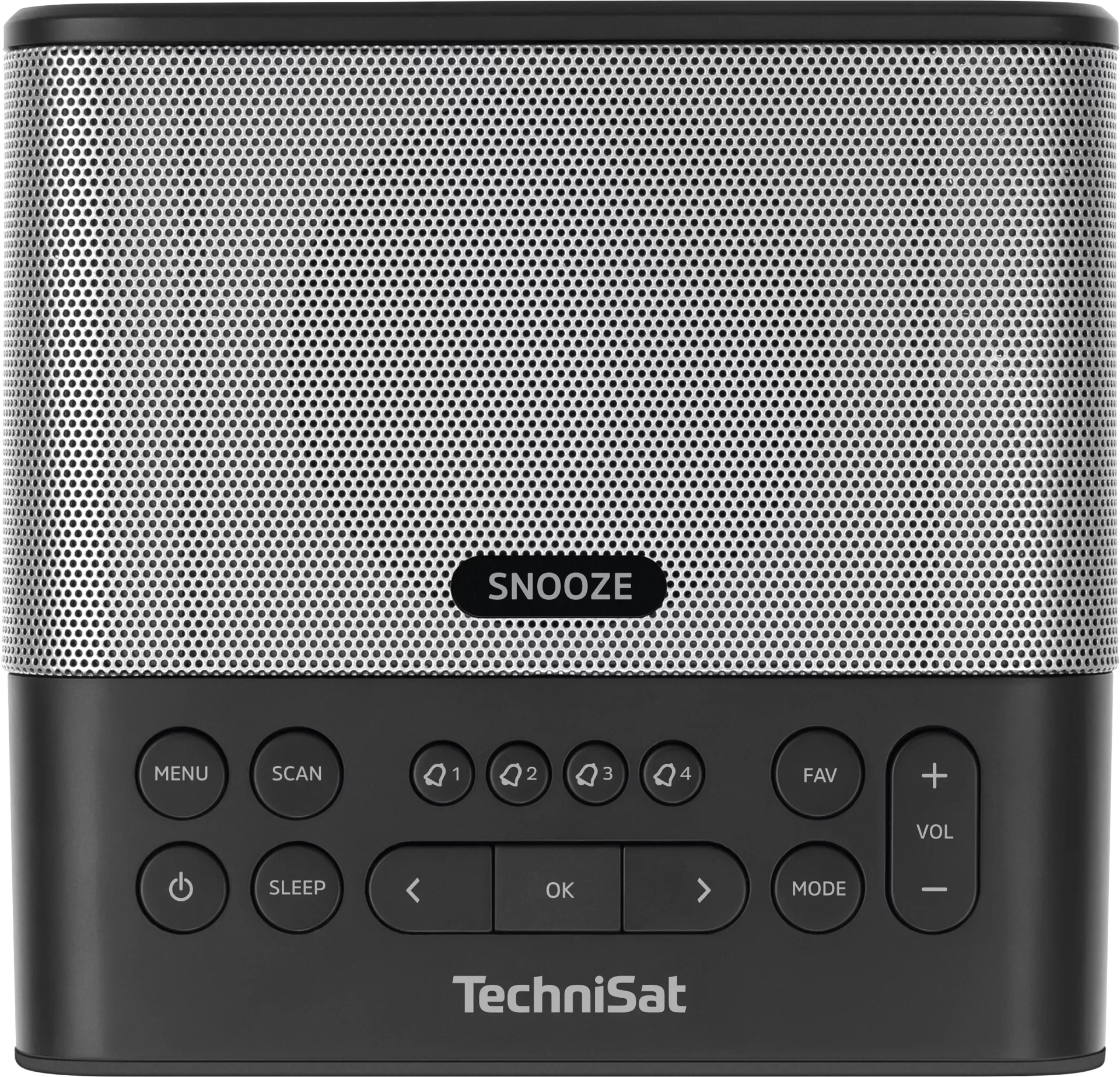 Ein schwarz-silbernes TechniSat-Radio. Es hat einen Lautsprecher, Bedienelemente und ein digitales Display. Das Wort SNOOZE ist sichtbar.