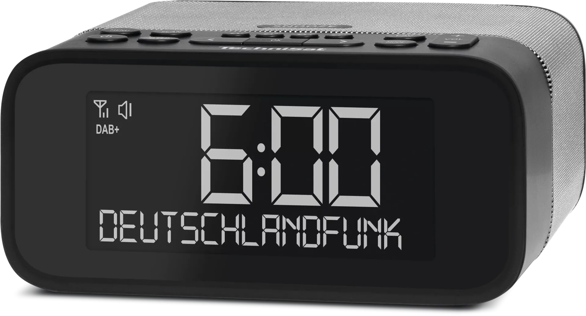 Ein schwarzer digitaler Wecker zeigt '6:00' und 'DEUTSCHLANDFUNK'. Er hat einen silbernen Lautsprecher und Tasten oben.