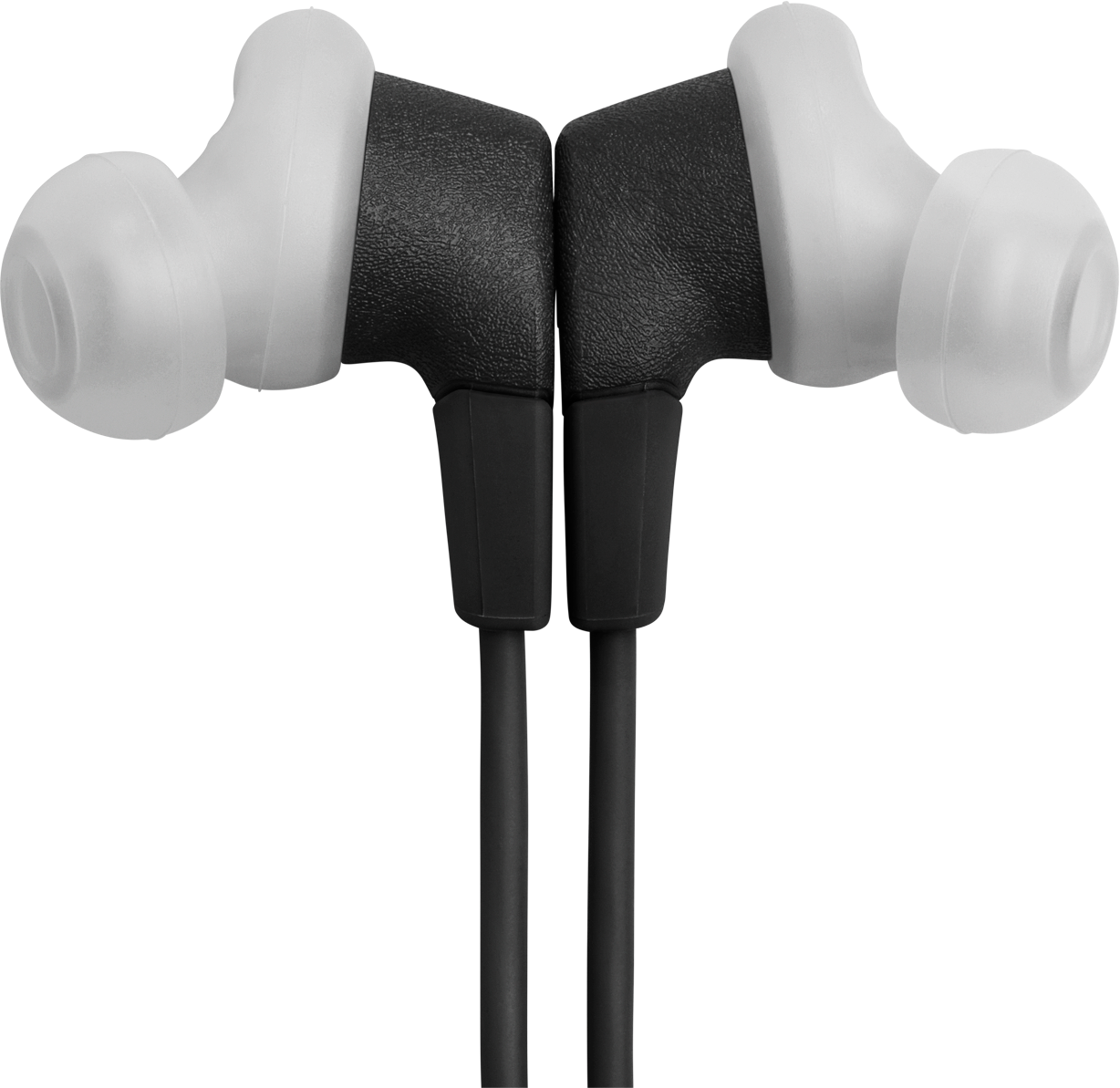 Gros plan sur des écouteurs intra-auriculaires. Embouts blancs, corps noir et fil noir. Isolé sur fond noir.