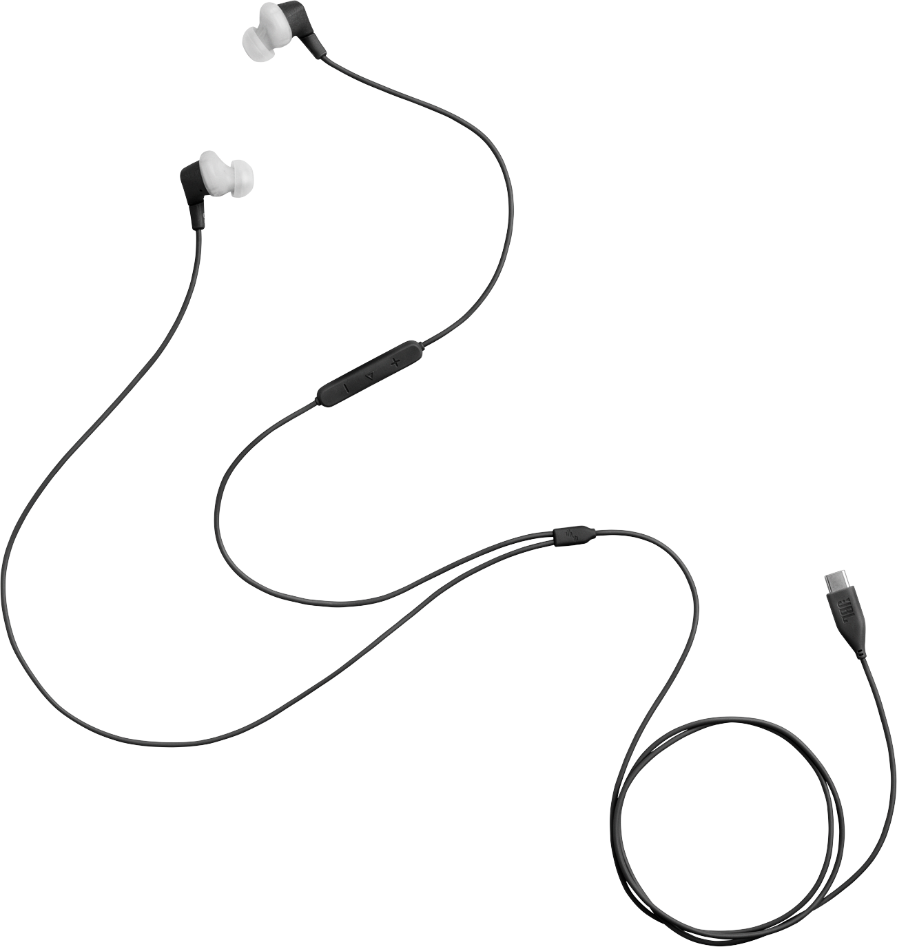 Écouteurs JBL noirs avec embouts blancs, un module de contrôle et un câble USB-C. Le fond est noir.