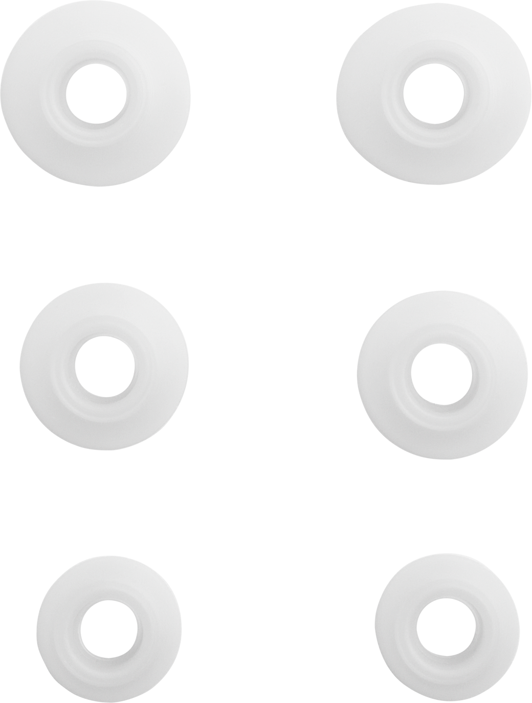 Six objets blancs et circulaires avec des trous au milieu sont disposés en grille 3x2 sur fond noir.