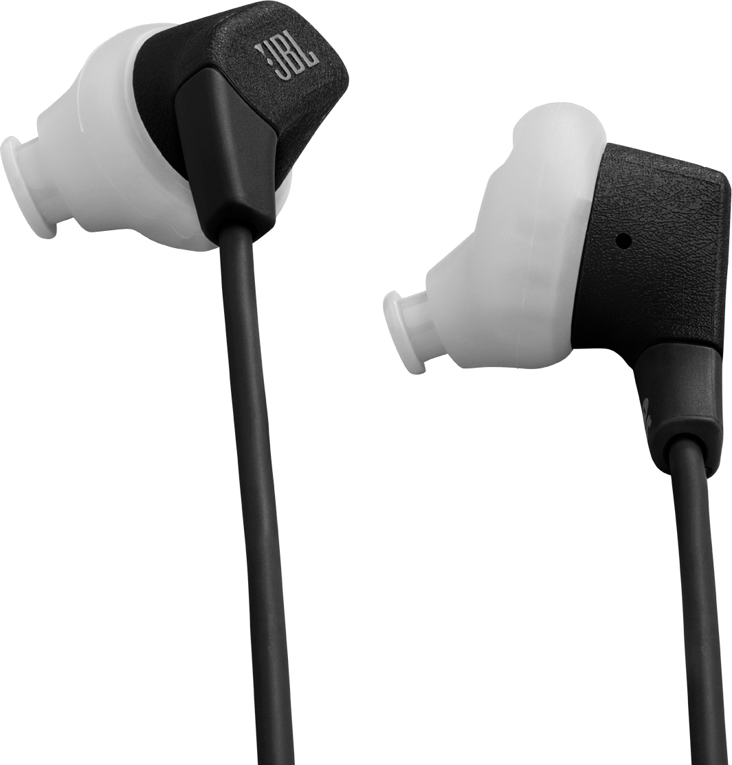 Deux écouteurs JBL noirs et blancs sur fond noir. Les écouteurs sont orientés vers le centre.