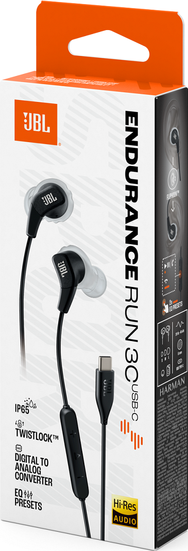 Écouteurs JBL Endurance Run 3C USB-C en noir et gris. La boîte est blanche et orange avec des infos produit.