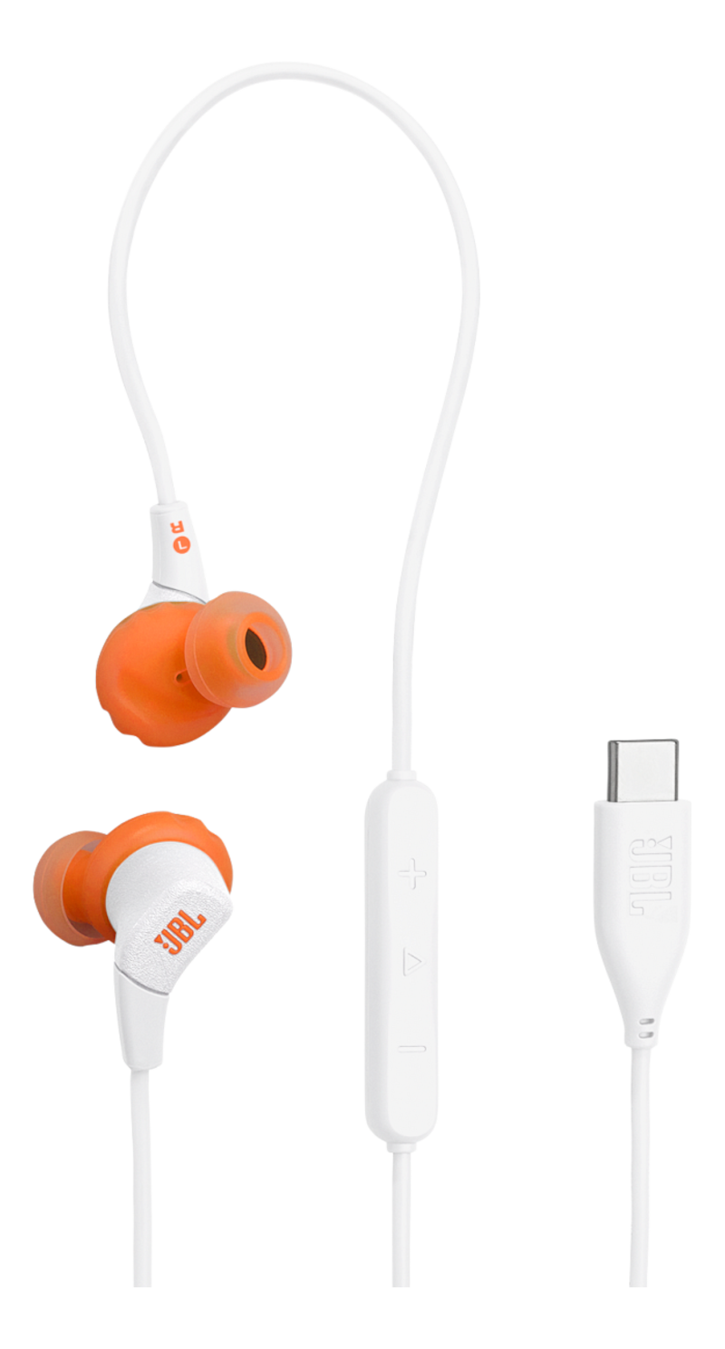Écouteurs JBL blancs avec embouts orange. Comprend un module de contrôle blanc, un connecteur USB-C et des câbles blancs sur fond noir.