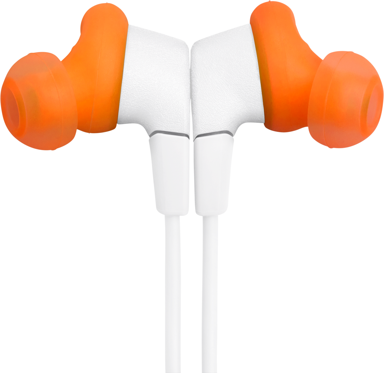 Paire d'écouteurs blancs et oranges. Les embouts sont oranges, les corps principaux blancs, avec des câbles blancs s'étendant vers le bas.