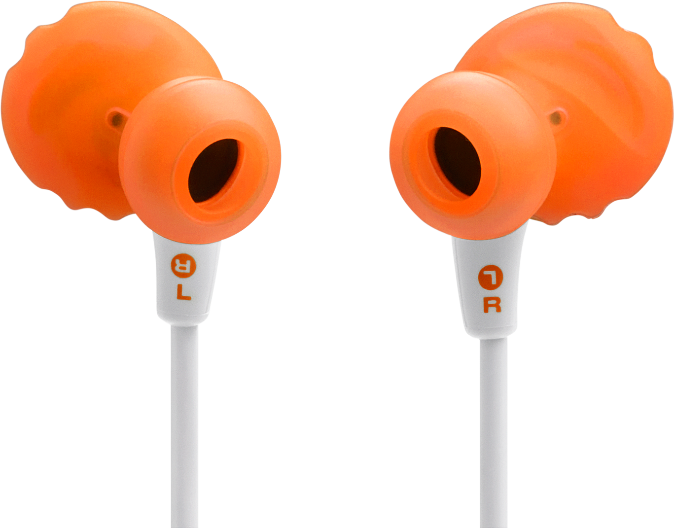 Paire d'écouteurs orange avec des cordons blancs. L'écouteur gauche marqué d'un L, le droit d'un R. Fond noir.
